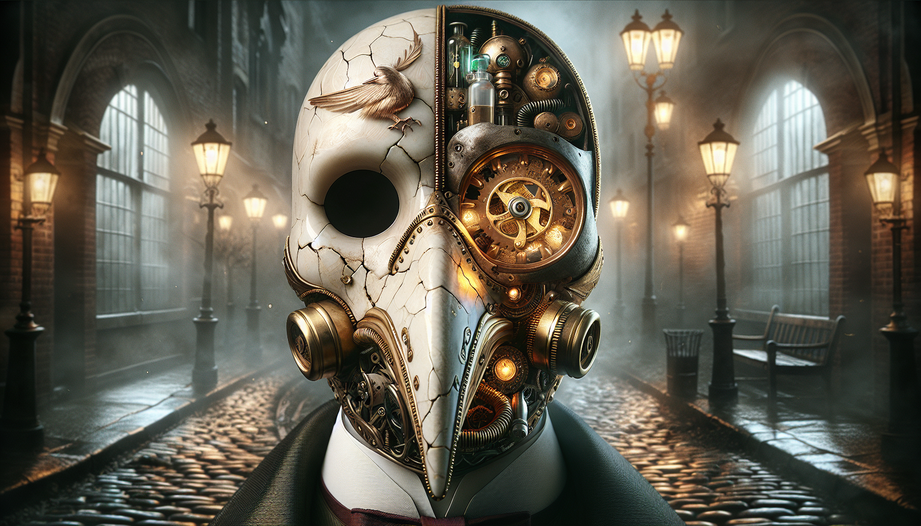 Biomechanical plague doctor mask with steampunk elements - brass respiratory tubes, glowing vials of luminescent serum, and cogwheel iris adjusters. Half the mask appears Victorian while the other half reveals futuristic cybernetic components beneath cracked porcelain. Set against a backdrop of fog-shrouded gaslit streets. Intricate detailing, moody lighting, photorealistic rendering.