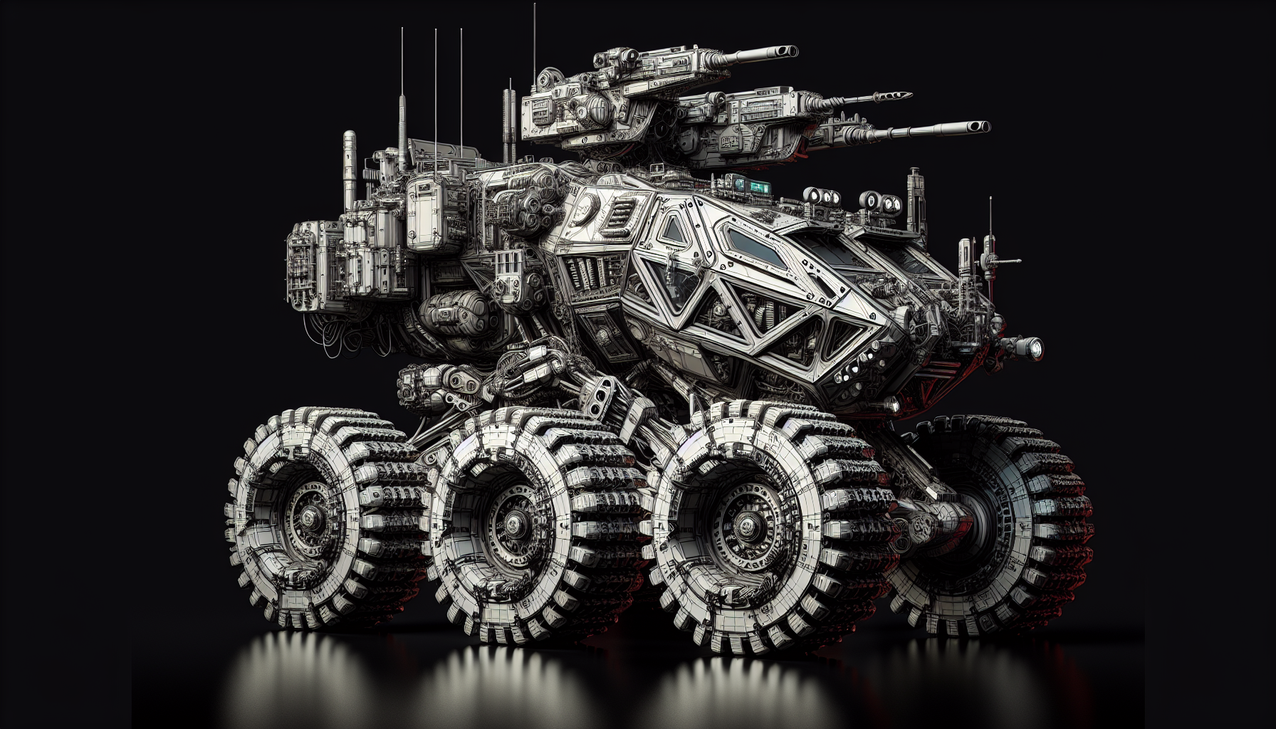 A high-tech, fully armoured assault vehicle in the form of a mechanical crab, inspired by Gulf War military vehicles