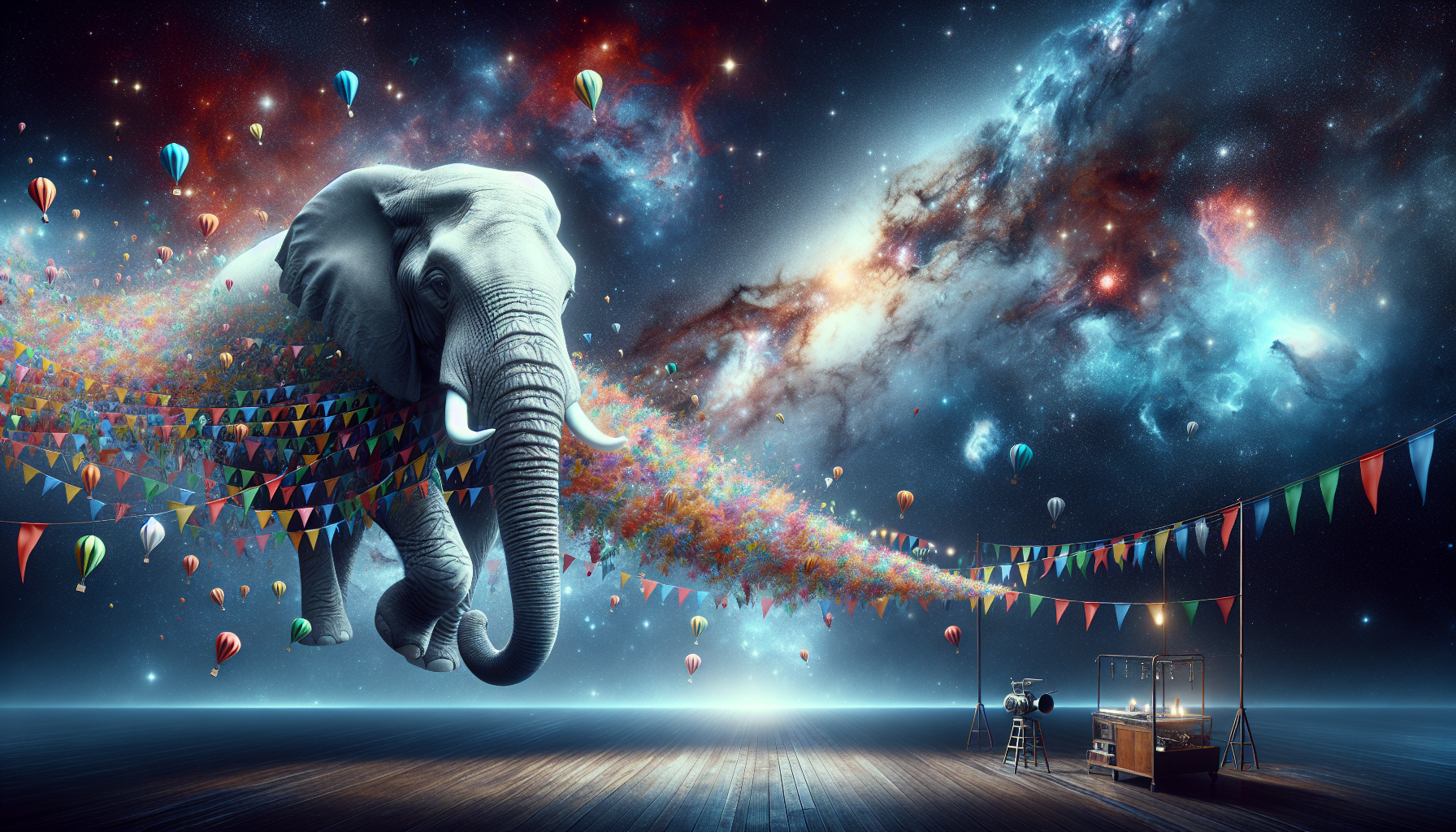 In this mesmerizing and surreal cinematic photograph, a majestic elephant is seen floating gracefully in the vast expanse of space, defying the laws of gravity. Bunting and steamers flutter playfully from its feet, creating a striking contrast between the elephant's massive form and the weightlessness of its surroundings. The background showcases a dark celestial sky, adorned with dazzling galaxies and supernovas, revealing the infinite beauty of the cosmos. This artistic composition masterfully blends elements of mass and weightlessness, evoking a sense of wonder and intrigue, prompting the viewer to ponder the harmony between seemingly opposing forces.