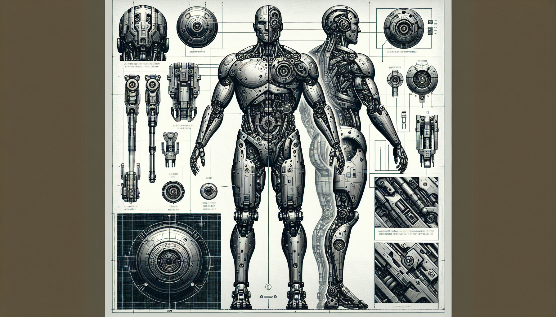Create a highly detailed cyborg design in a blueprint-style illustration, specifically tailored for a fantasy cinematic theme. The cyborg should feature a futuristic yet robust look, blending elements of military armor with mechanical intricacies. It should have a sleek, articulated body with reinforced joints and limbs designed for agile movement, a rounded head with a functional design that incorporates advanced sensory equipment, and an overall low-profile silhouette suitable for stealth missions. The blueprint should include precise measurements, cross-sectional views, and exploded diagrams of the cyborg’s components, all designed to be crafted from metallic materials. 

Use a monochromatic color scheme with subtle silver and dark tones to mimic traditional engineering blueprints while evoking a sense of otherworldly technology. Add intricate details like metallic textures, advanced joining techniques, and labels for each part, ensuring the design is both functional and visually striking for a cinematic project. The background should be minimalistic, featuring grid lines and measurement scales to enhance the technical feel, while also incorporating fantasy elements that suggest a world where advanced robotics and military prowess converge.