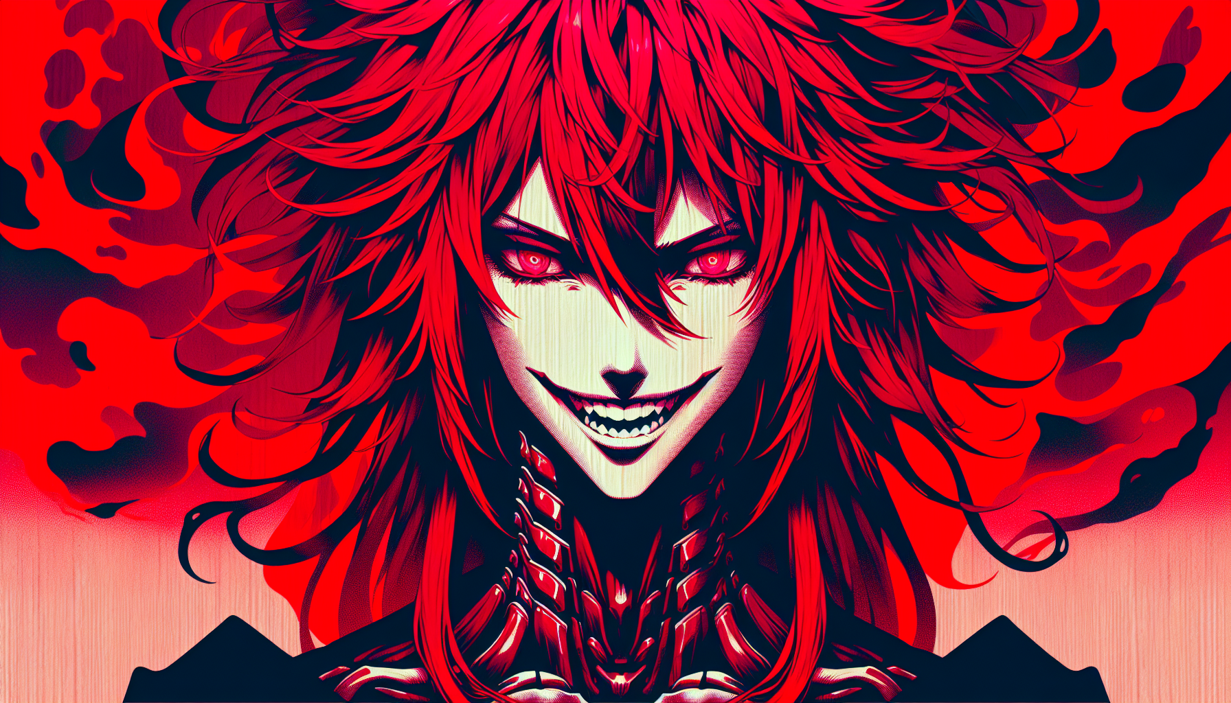 crazy jealous red-haired female, grinning, buxom, hauntingly-beautiful ex-girlfriend , "constricted pupils, small pupils" , yandere