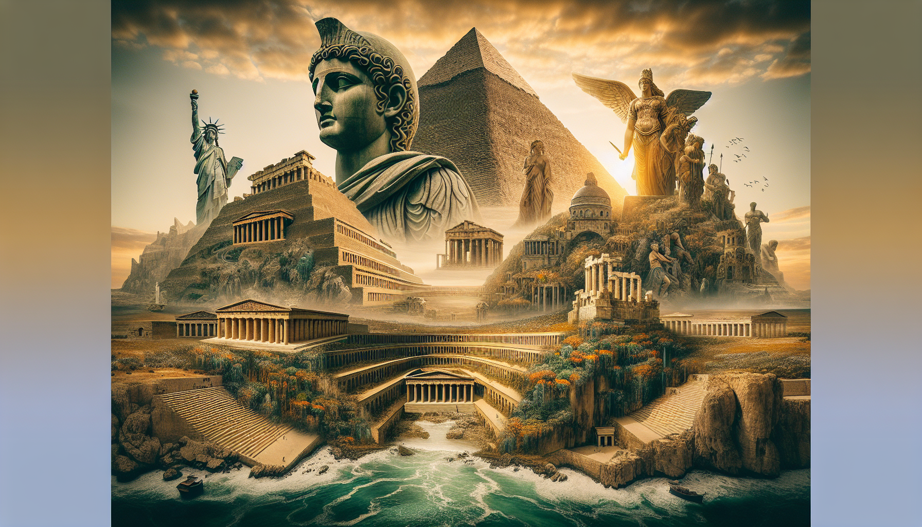 A striking image of the Seven Wonders of the Ancient World gathered in one scene, with the massive Colossus of Rhodes in the foreground, as if watching over all the others. The image should have a photomontage style, as if multiple old photographs were overlaid to create a single composition. In the background, the majestic Great Pyramid of Giza stands tall, mysterious under a golden sky. The lush Hanging Gardens of Babylon cascade with vibrant greenery flowing between terraces. The colossal Statue of Zeus gleams with its golden structure, while the grand Temple of Artemis rises with its imposing columns. The Mausoleum at Halicarnassus showcases intricate sculptures, and in the far distance, the Lighthouse of Alexandria casts its guiding light over a stormy sea. The image should resemble a realistic collage, blending aged tones, stone textures, and dramatic lighting, creating an epic and timeless effect