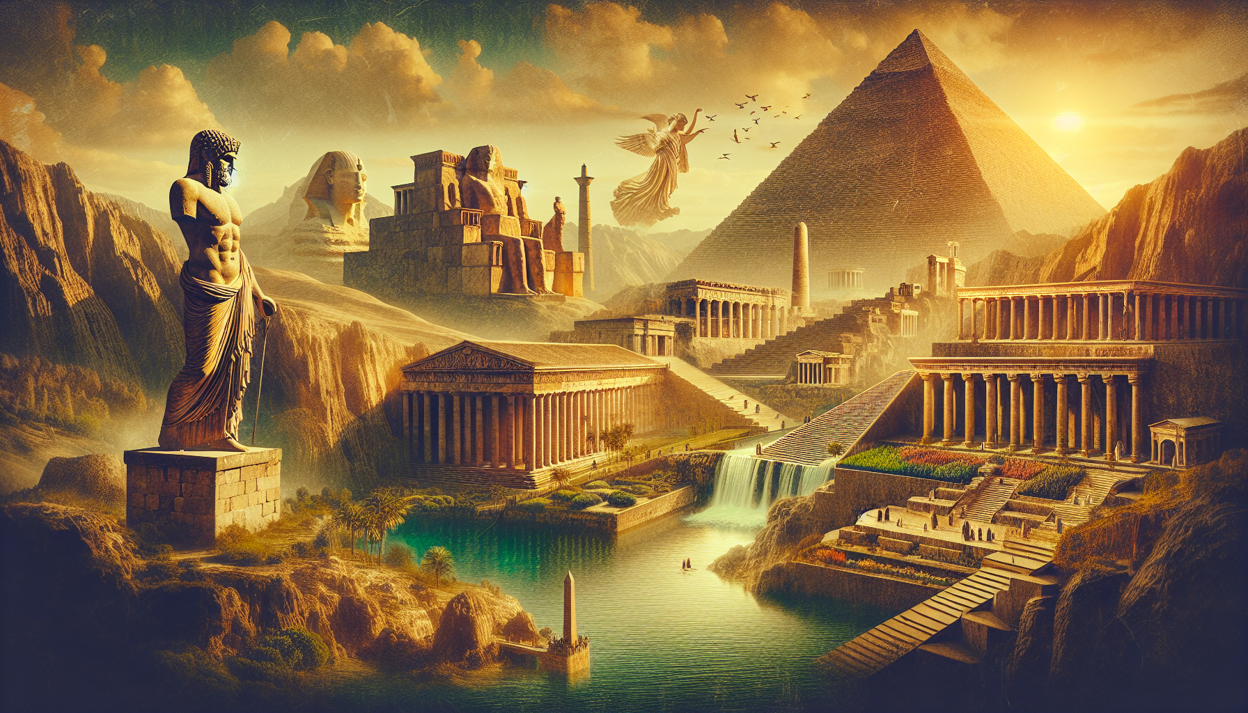 A striking image of the Seven Wonders of the Ancient World gathered in one scene, with the massive Colossus of Rhodes in the foreground, as if watching over all the others. The image should have a photomontage style, as if multiple old photographs were overlaid to create a single composition. In the background, the majestic Great Pyramid of Giza stands tall, mysterious under a golden sky. The lush Hanging Gardens of Babylon cascade with vibrant greenery flowing between terraces. The colossal Statue of Zeus gleams with its golden structure, while the grand Temple of Artemis rises with its imposing columns. The Mausoleum at Halicarnassus showcases intricate sculptures, and in the far distance, the Lighthouse of Alexandria casts its guiding light over a stormy sea. The image should resemble a realistic collage, blending aged tones, stone textures, and dramatic lighting, creating an epic and timeless effect