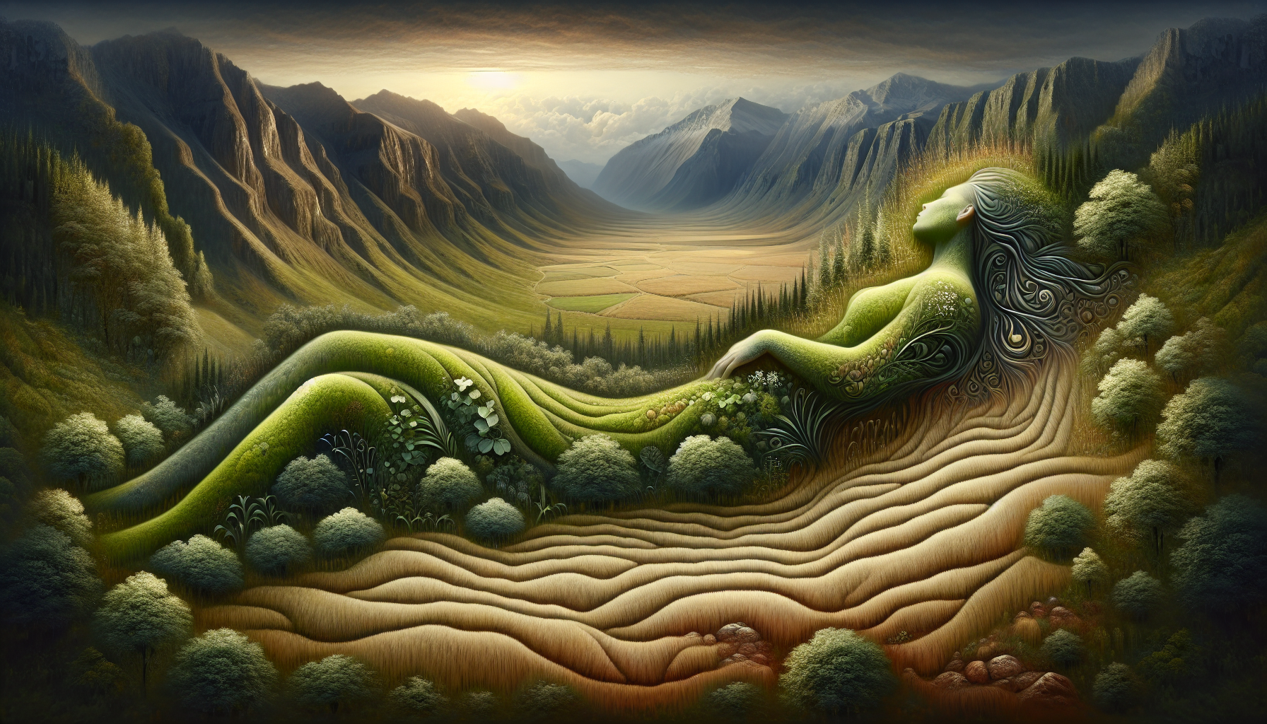 A hyperdetailed, surreal concept art of a maiden lying down. She forms the landscape, with hills and valleys of lush
vegetation and grasses. Meandering paths, like stitch work in her dress, represent roads. The background contains a horizon with mountains and clouds. The lighting is soft, as if it's the dawn of a warm summer day. The maiden's hair is a copse of trees and rocks, and her face is a natural formation. Her form blends seamlessly into the surrounding landscape.