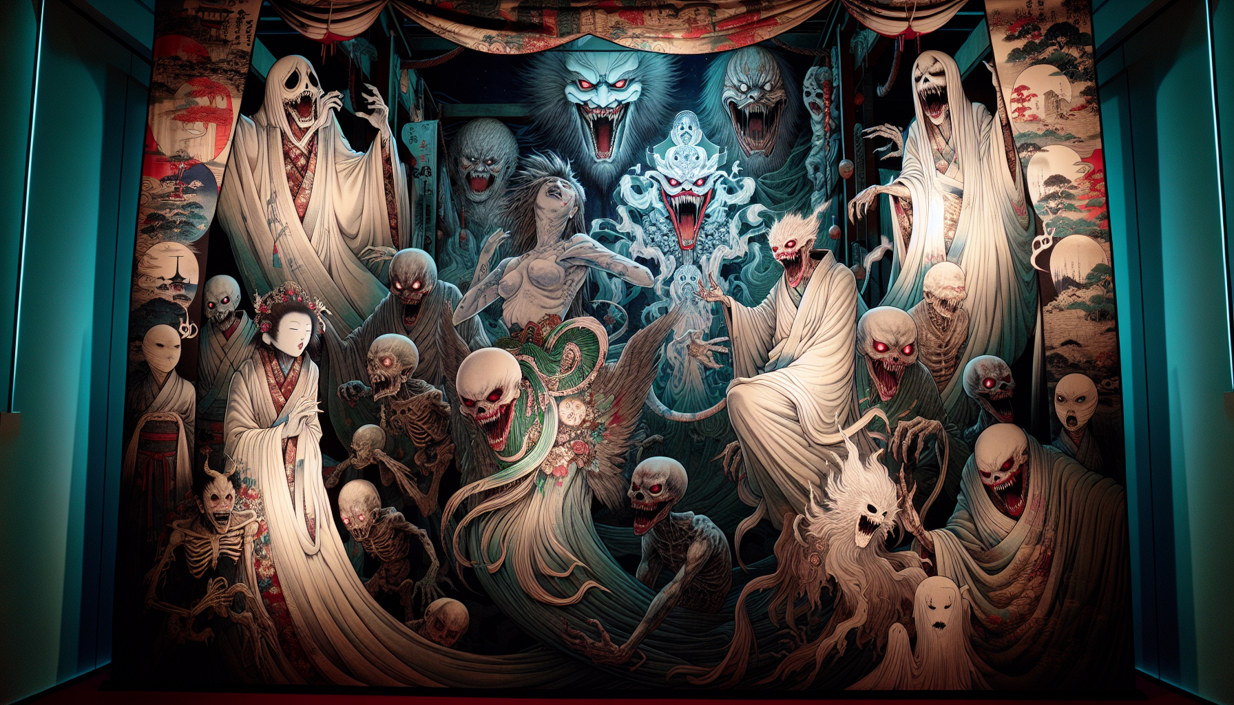 A supernatural carnival with ghosts and terrifying creatures, in the style of Studio Ghibli's Spirited Away, but with a horror twist. The atmosphere is dark and mysterious, with dim lighting and eerie shadows. The terrifying creatures have a sinister look and the ghosts appear ethereal and creepy. The carnival is filled with macabre details and supernatural elements that create an atmosphere of fear and wonder.