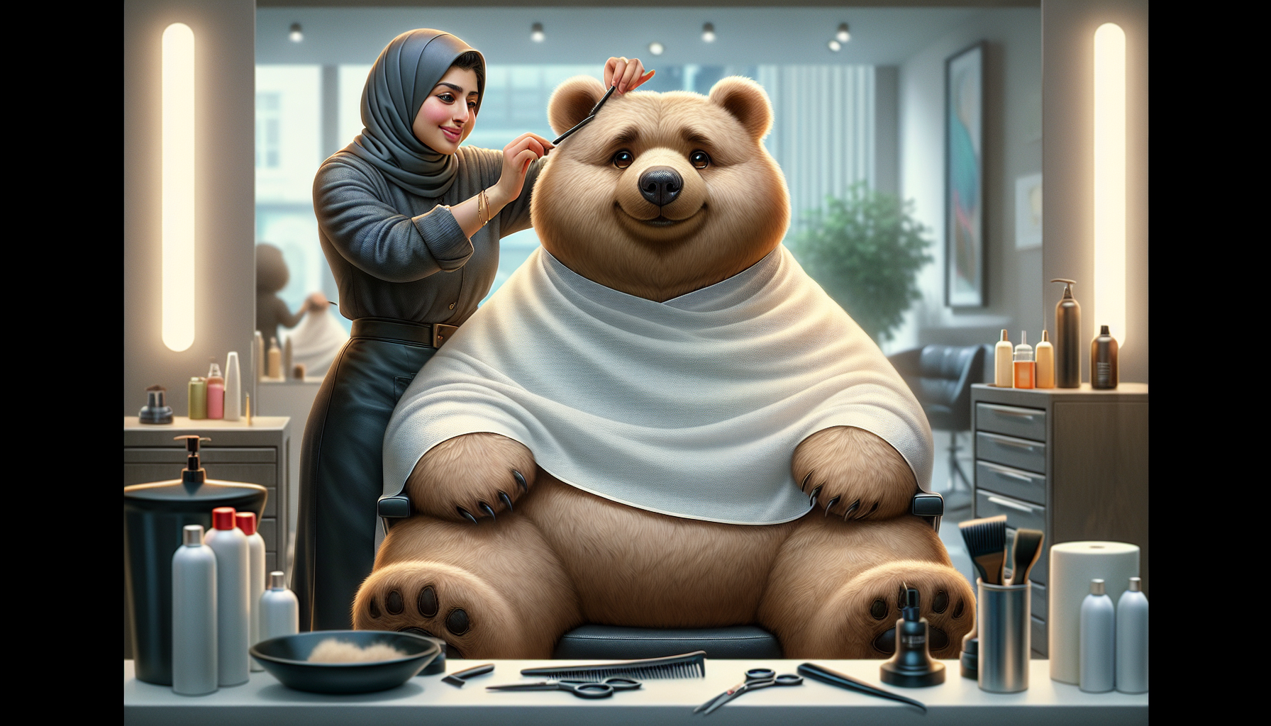 A chubby bear siting down at a hair dressers getting a low taper fade