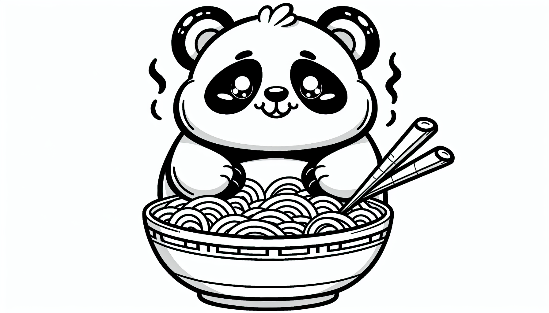 A cute chubby panda sitting inside a steaming bowl of ramen with chopsticks, smiling with big eyes, outlined in thick black lines for an adorable coloring book page, B&W