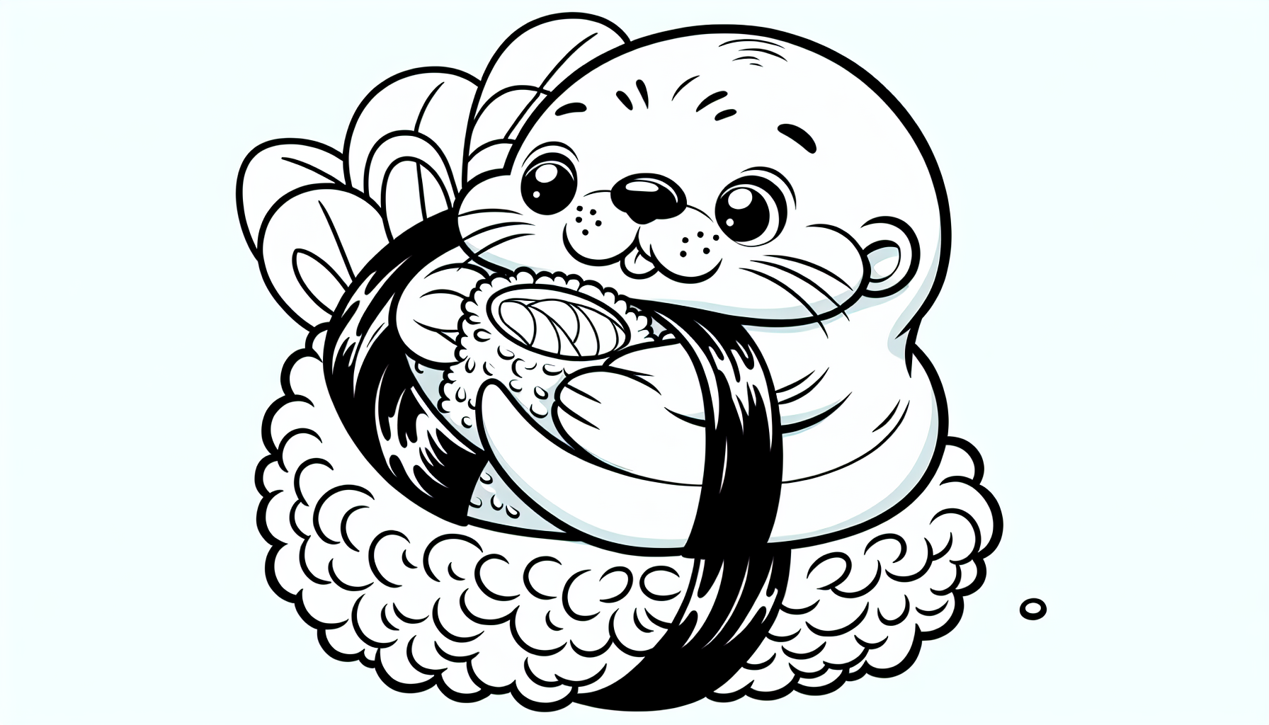 A cute otter curled up like a sushi roll with seaweed wrapped around it, holding a tiny piece of fish, with thick bold outlines for a coloring page.