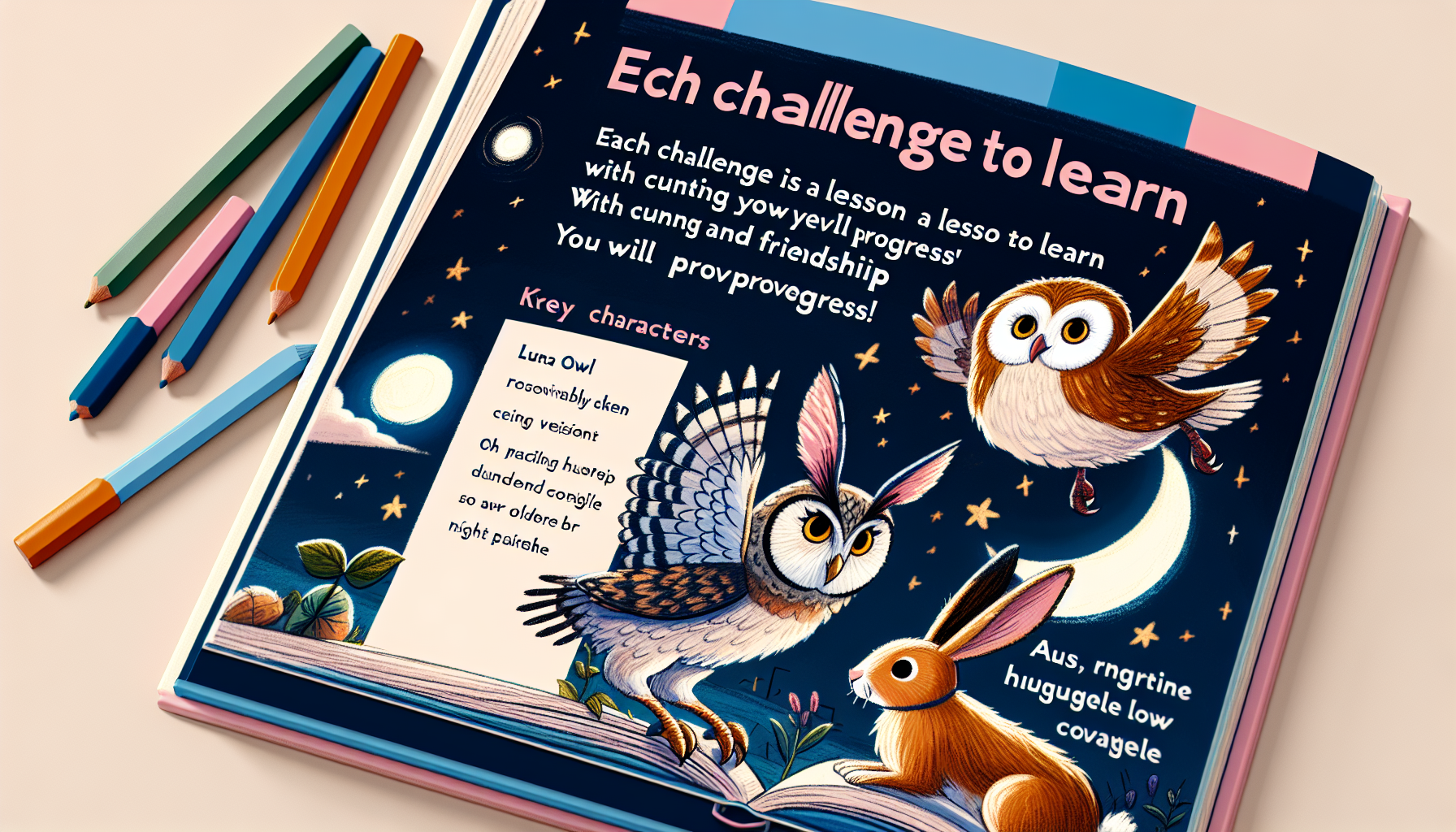 is a book story for children with the following refrain Each challenge is a lesson to learn With cunning and friendship you will progress Luna the owl, keen vision is flying Oliver the rabbit, with jumping, overcomes subtle challenges.