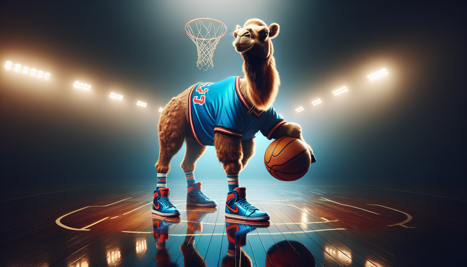 In this fantastical and captivating portrait, a whimsical camel dressed in an electric-blue basketball kit, complete with red and black
highlights, confidently displays a basketball under one arm. With a gleaming eye and wearing iconic Chuck Taylor Converse boots, the camel proudly represents the Cromer Camels team. This surreal scene is set in a rustic basketball gymnasium, illuminated by dim, cinematic lighting that casts an enchanting glow over the wooden floors. The unique combination of elements, including the low camera angle and the atmospheric setting, transform this portrait into a mesmerizing work of art, perfect for a poster or painting., painting, poster, portrait photography, cinematic