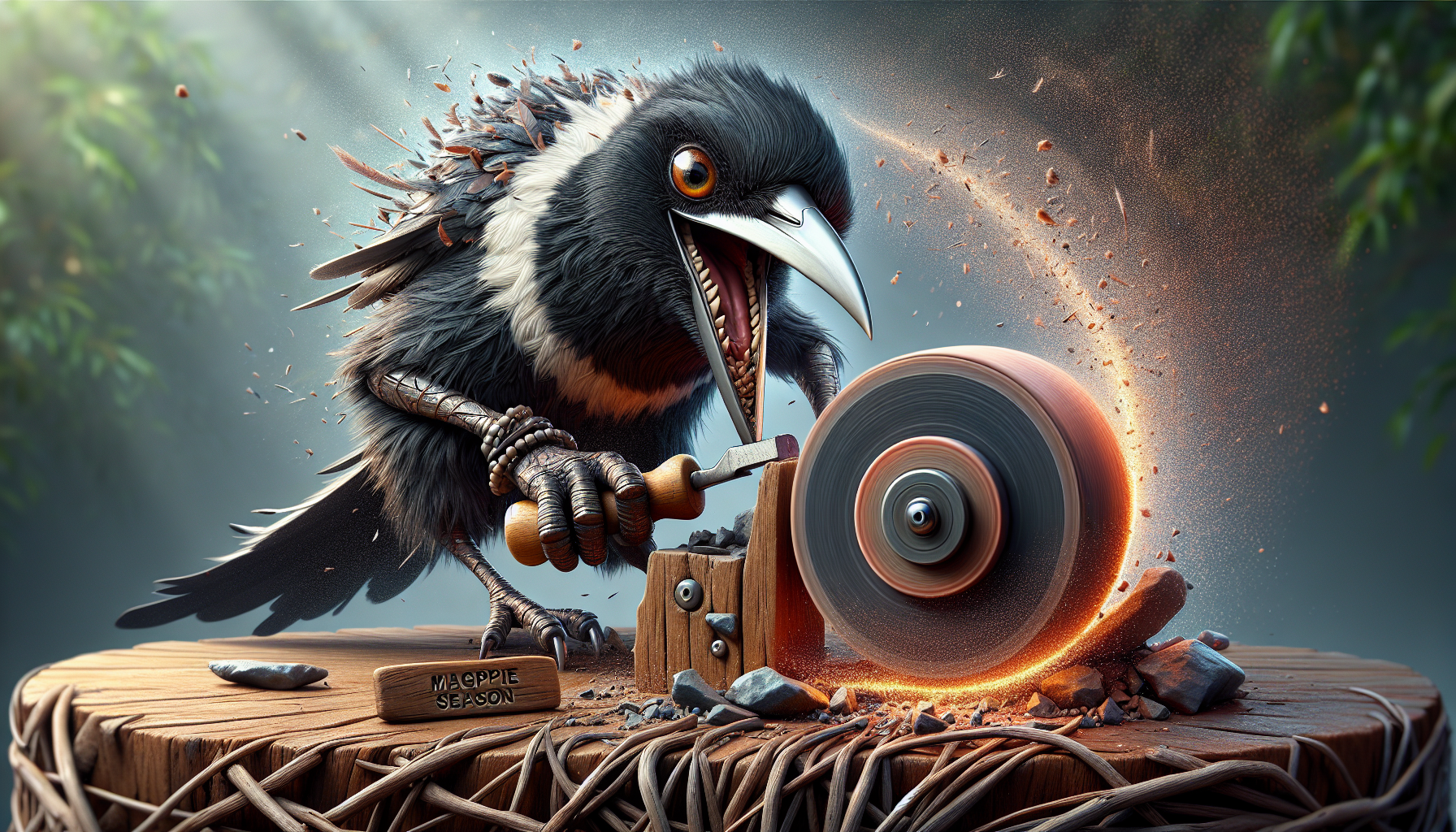 A Hyperrealistic render of an anthropomorphic Australian magpie character sharpening his beak on a revolving grinding stone. Sparks fly off as he uses the revolving grinding stone to sharpen his beak. He has a smug and mischievous grin looking at the camera in the style of Pixar. A small sign is visible with the text "MAGPIE SEASON". The background suggests a home or nest made of sticks. Hyperrealistic, splash art, concept art, mid shot, intricately detailed, color depth, dramatic,