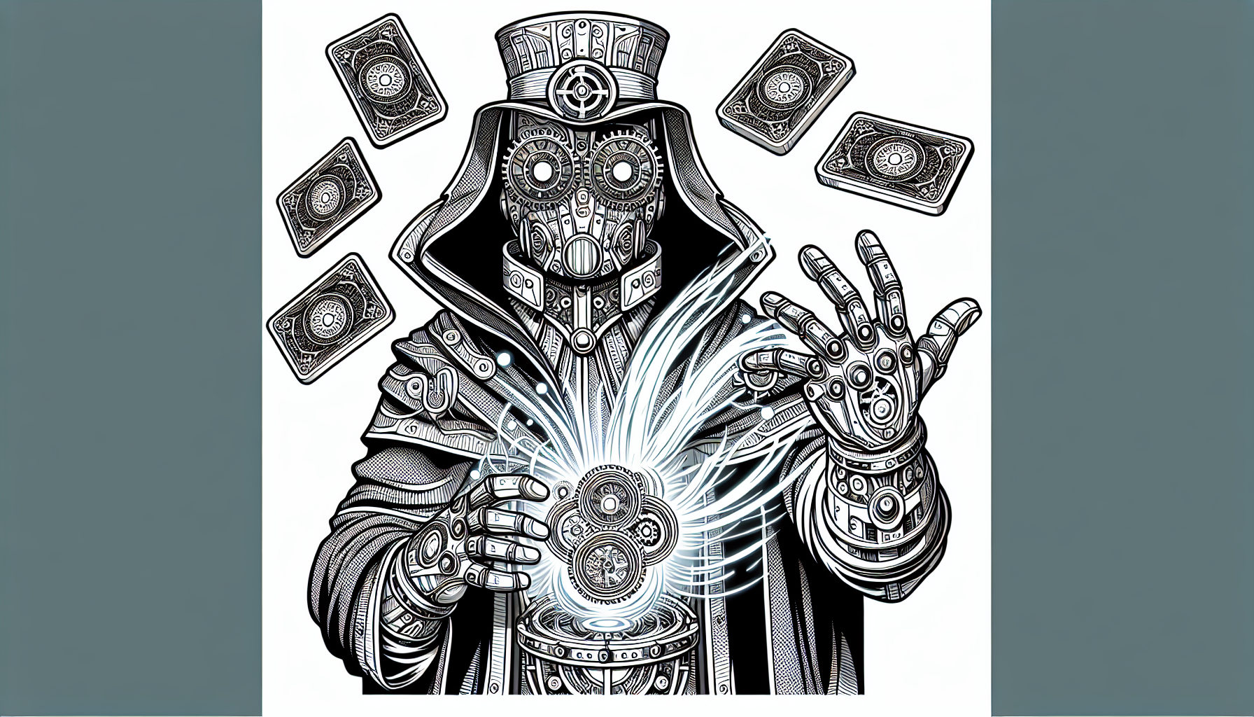 coloring book page of Steampunk Magician: A mystical figure in a high-collared cloak, their hands glowing with alchemical energy. Their floating deck of metal-plated playing cards features intricate gear engravings. B&W, Black outlines for coloring, no shading