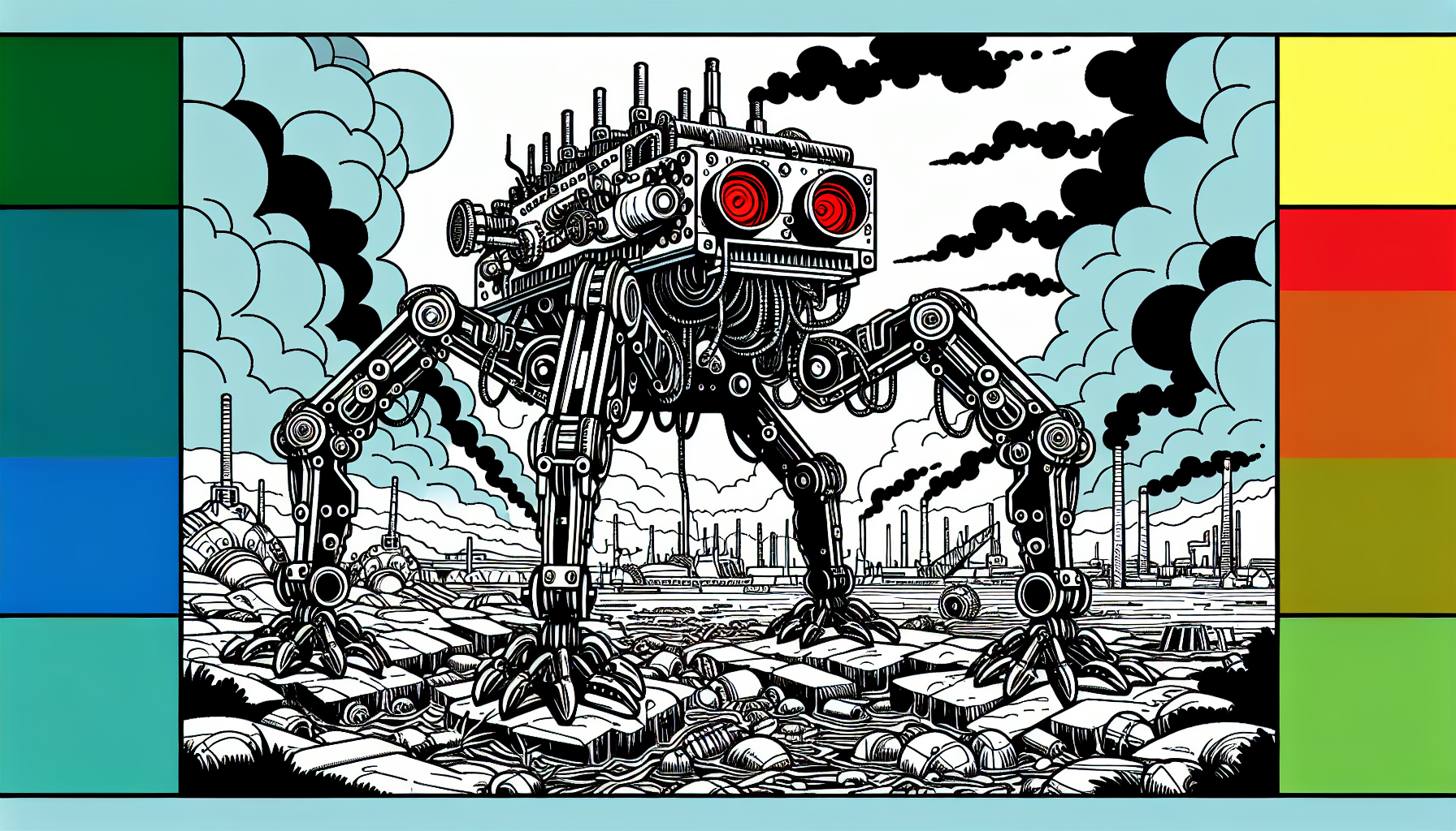 coloring book page of Giant Mechanical Tarantula: A colossal, eight-legged steam-powered war machine crawling through an industrial wasteland, its red eyes glowing ominously. B&W, Black outlines for coloring, no shading