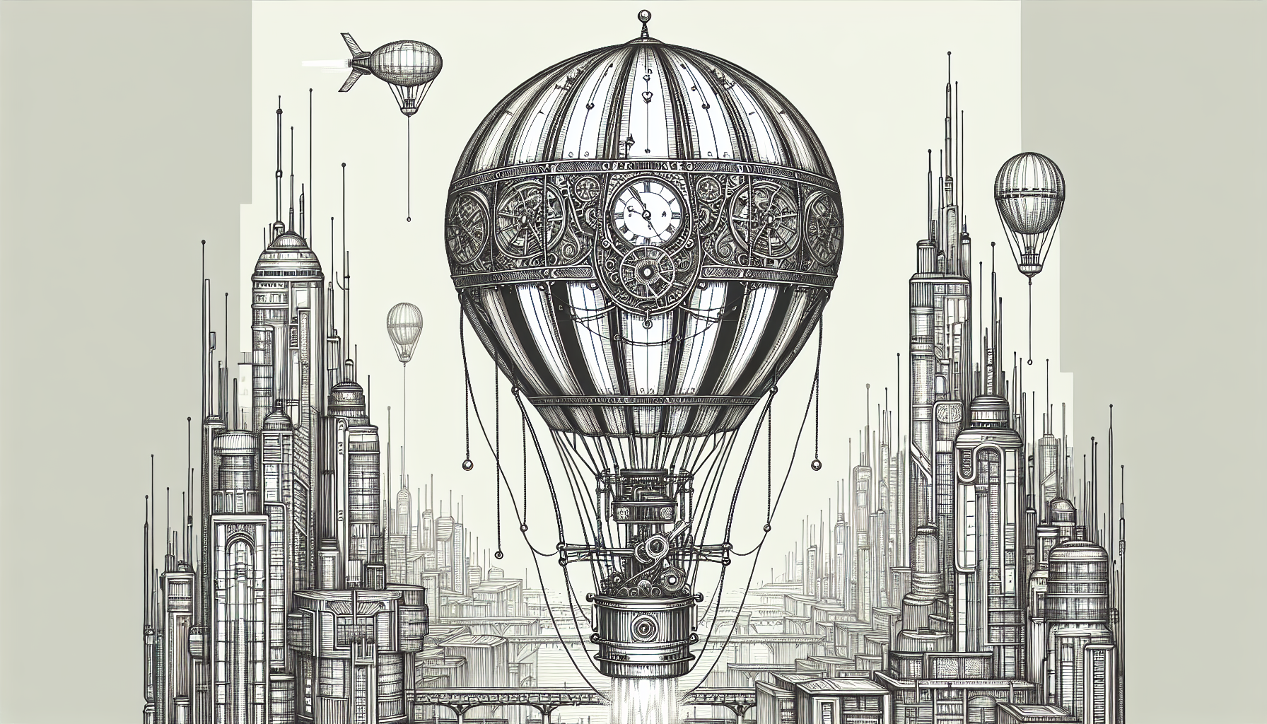 coloring book page of Clockwork Hot Air Balloon: A beautifully ornate balloon with intricate metal framework, floating above a futuristic city, with a steam-powered burner controlling its ascent. B&W, Black outlines for coloring, no shading