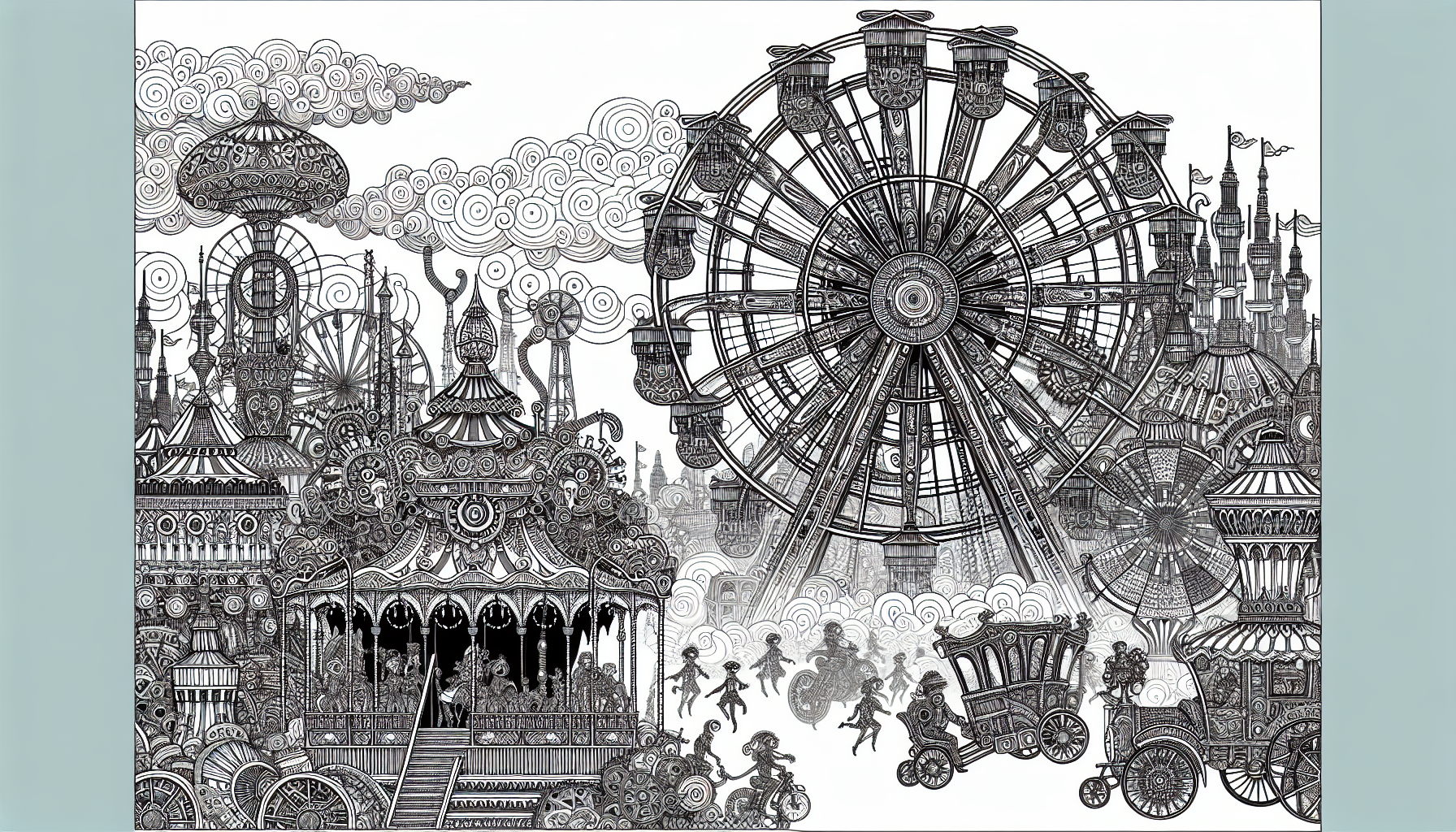 coloring book page of Steampunk Carnival: A grand fairground with Ferris wheels powered by steam, performers in mechanical costumes B&W, Black outlines for coloring, no shading