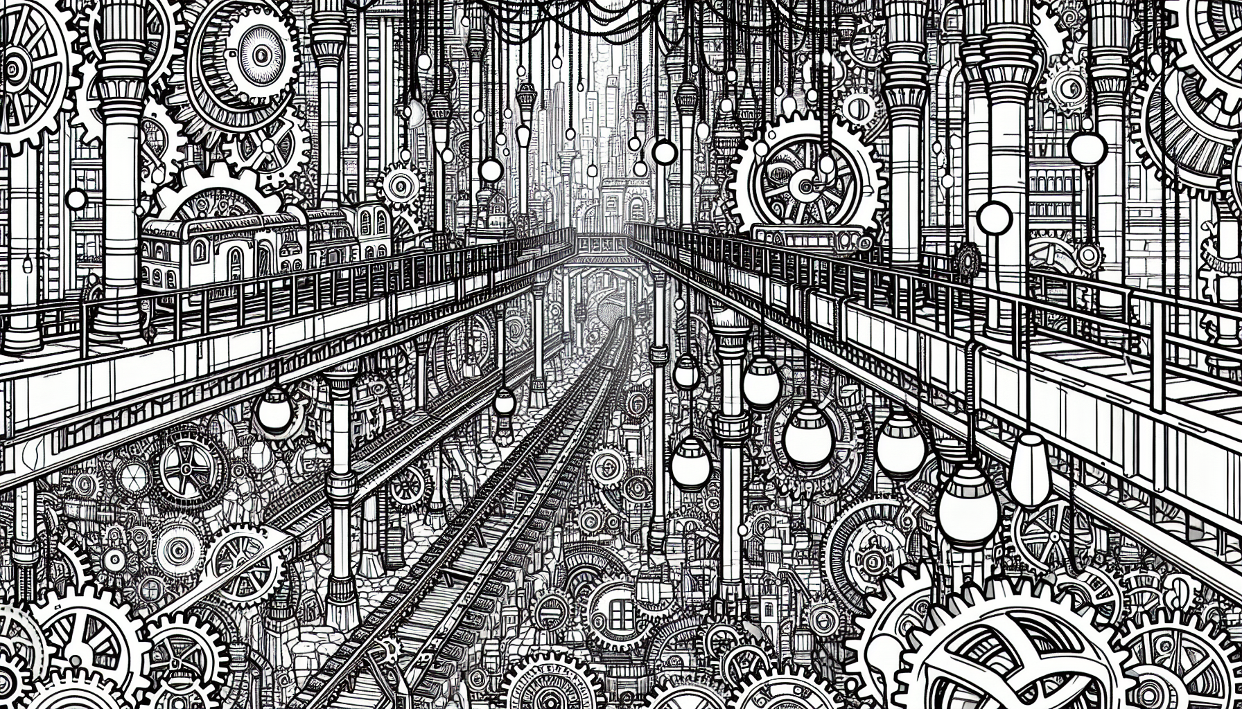 coloring page of Underground Gear-City: A hidden metropolis beneath the streets, where enormous gears serve as walkways, and glowing lanterns illuminate the subterranean world.  B&W, outlined for coloring, no shading