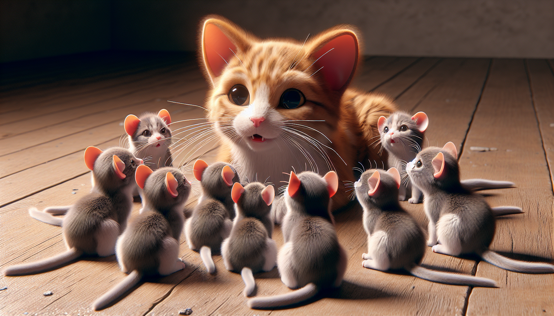 image d'une portée de petits chatons regardant leur maman leur lire une histoire sur les souris 