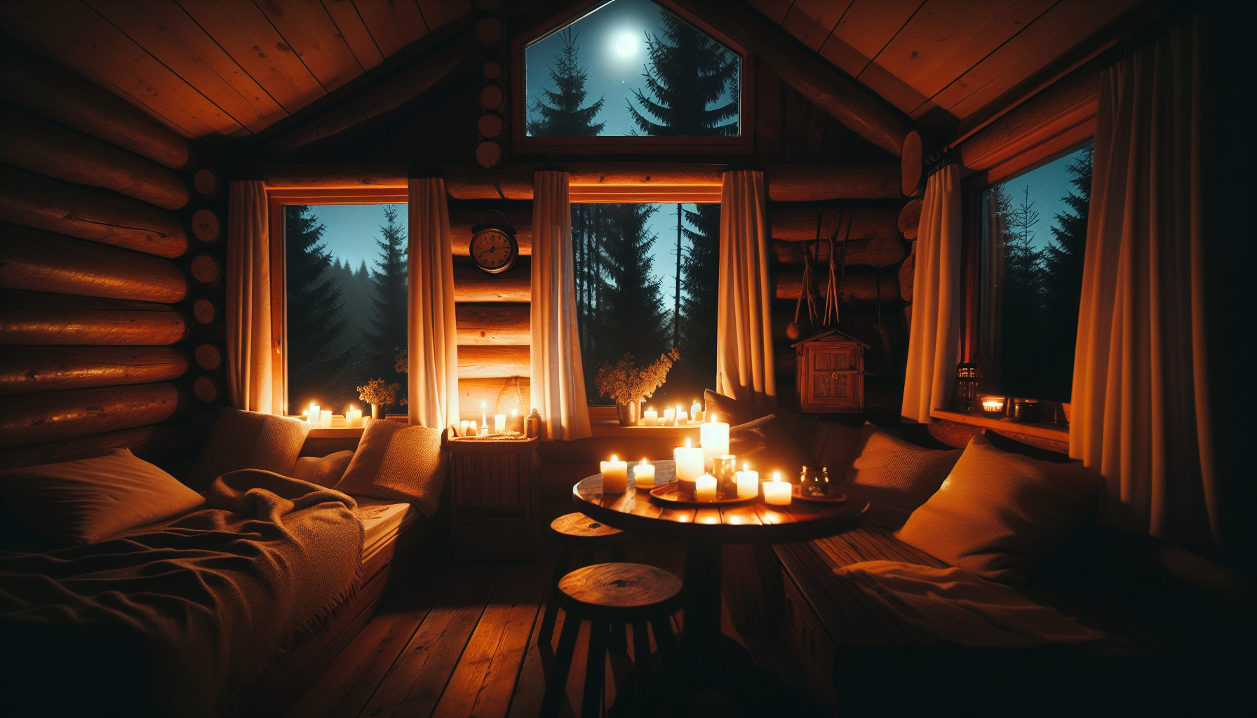 gabitacion muy confortable en cabaña en el bosque, hay velas y es de noche