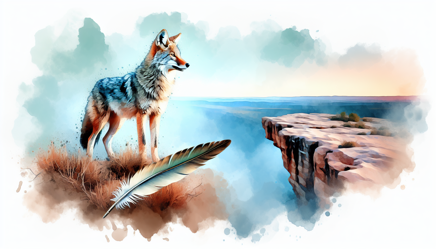 Native American Coyote standing on bluff with native American feather near coyote