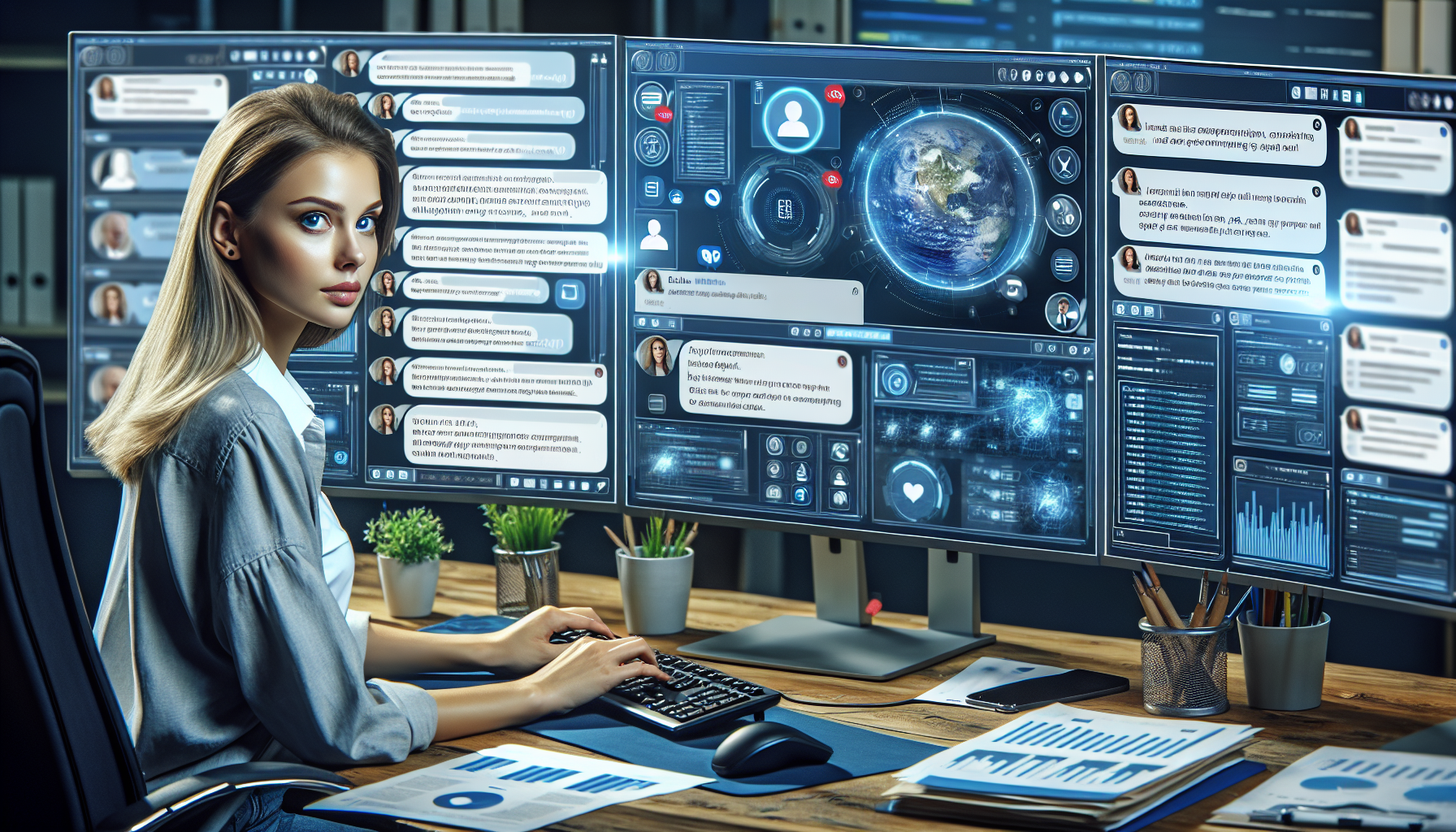 Una mujer blanca con ojos azules Automatiza la comunicación con empleados, clientes, proveedores y cualquier persona externa a tu empresa a través de WhatsApp, disponible 24/7.
