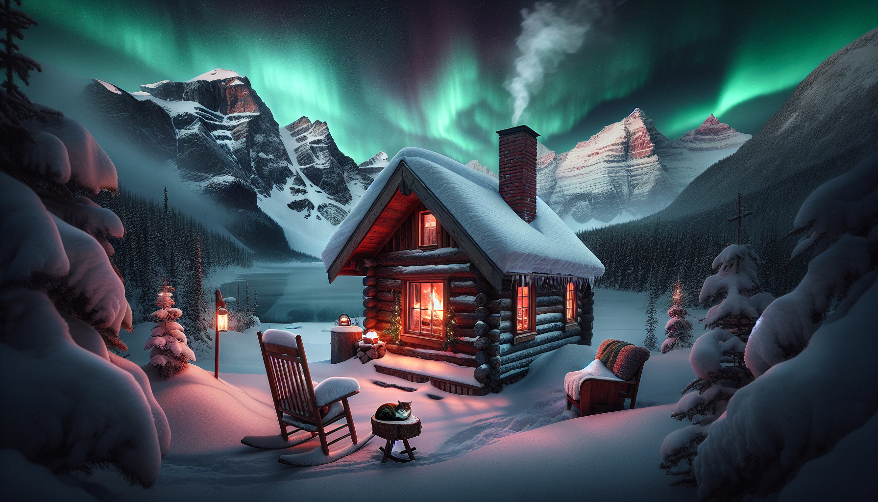 A cozy winter cabin deep in the snowy mountains, with smoke rising from the chimney. Inside, a fireplace glows warmly, and a cat sleeps on a rocking chair. Through the frosty window, the Northern Lights paint the night sky in shades of green and purple.
