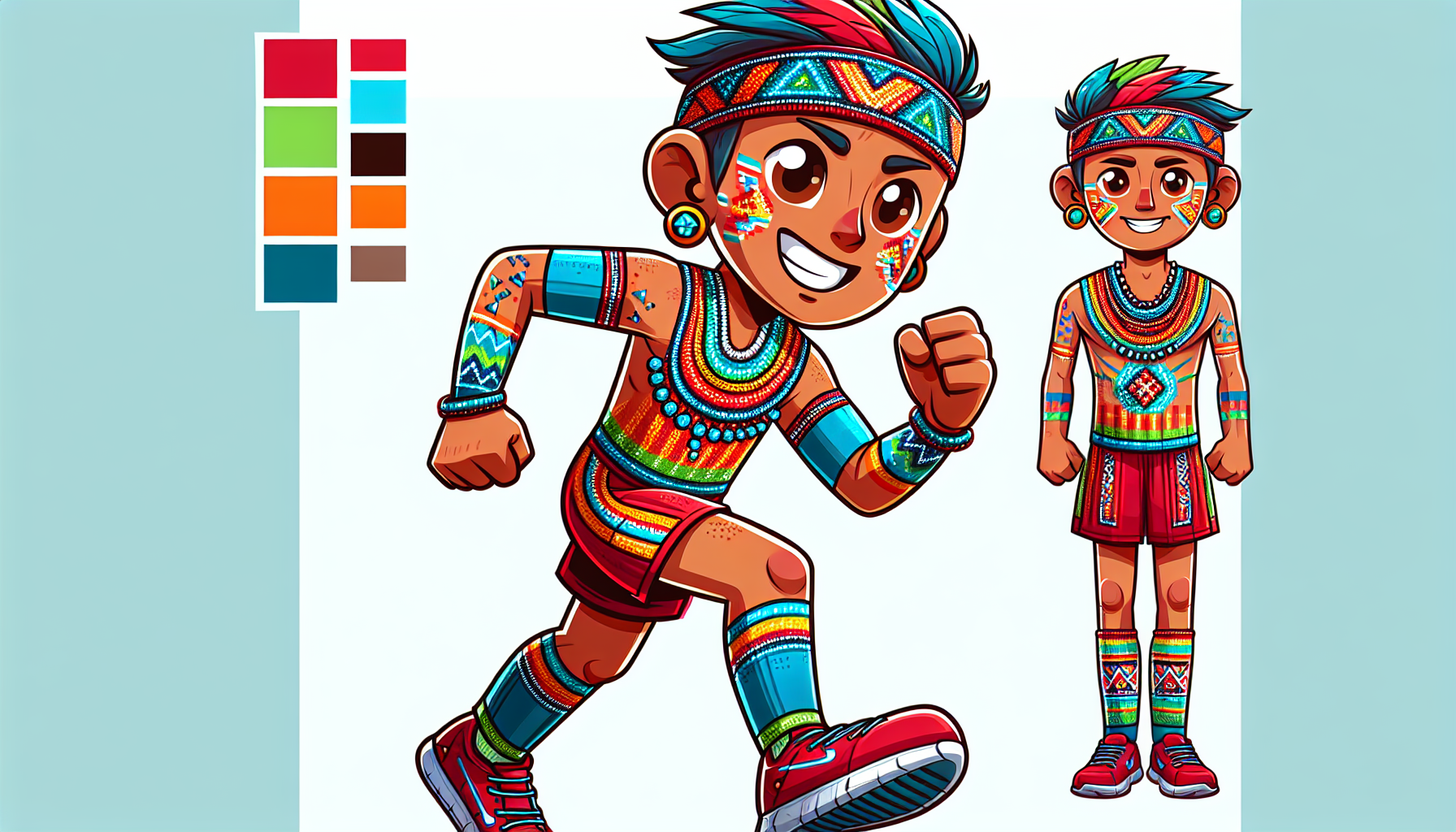 Crea una imagen de una mascota deportiva inspirada en la cultura tarahumara para niños de 7 años