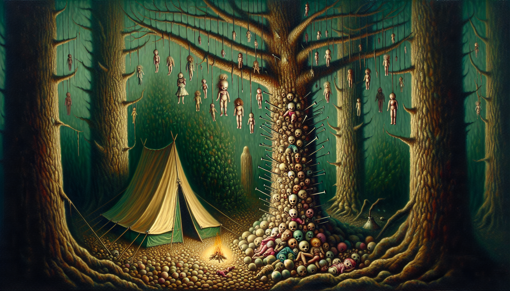uma barraca no meio do mato cheia de bonecas de terror. Ao lado da barraca tem uma arvore com muitas bonecas penduradas com pregos enfiados nelas. Tambem tem algumas partes de bonecas jogadas no chão. Tem alguem escondida no meio das arvores e quase não da pra ve-la