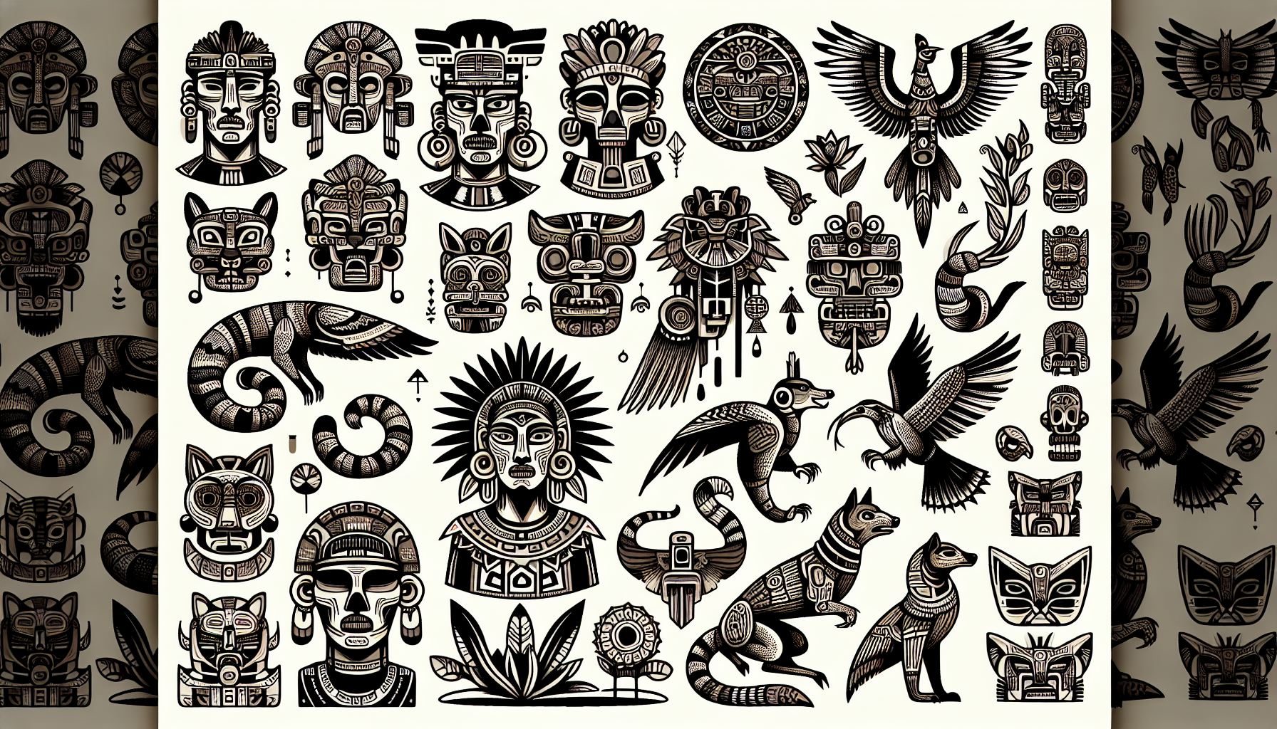 A flash sheet style array of of elaborate Aztec inspired motifs, (shaman, jaguars, rattlesnakes, dogs, eagles, hummingbirds, frogs, monkeys, masks, skulls, geometric shapes) carved from stone, woodblock prints and jewellery. Most often recognized by its bold lines and intricate patterns, the designs are meant to represent nature, immortalize important people, tell stories, or call attention to significant allegories.