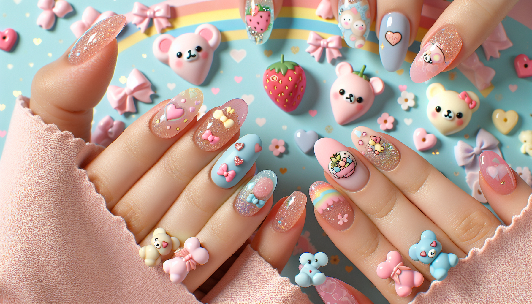 An adorably playful nail design with pastel colors, tiny bows, sparkles, and cute elements like hearts, strawberries, or teddy bears. The nails are shaped short and rounded or almond-shaped, perfect for a soft, youthful aesthetic. Some designs include 3D embellishments, soft gradients, or glossy jelly-like textures for extra charm. The background is fun, pastel-colored, and playful, matching the cute and kawaii aesthetic.