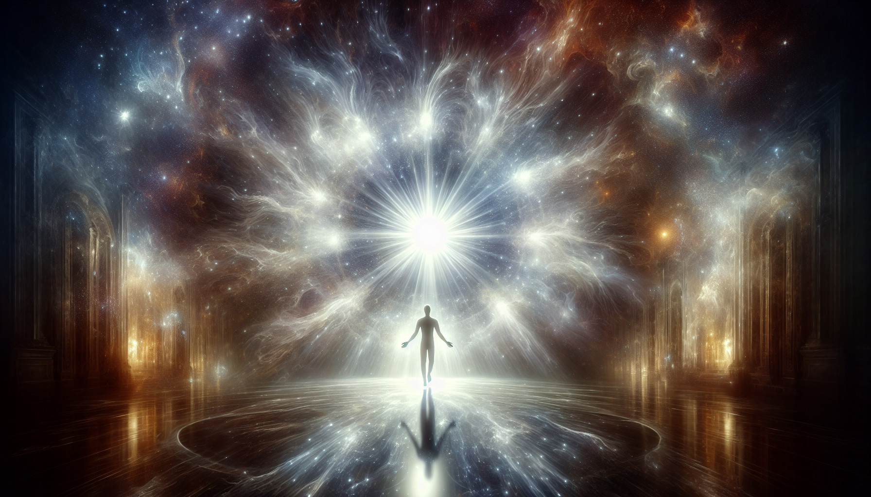 "A radiant, overwhelming light bursts from a figure’s heart as they encounter the clear light in the Bardo. The light is pure, serene, and blindingly white, dissolving everything into a vast, infinite void. The scene has a sense of immense peace and transcendence, with distant echoes of universal truth."