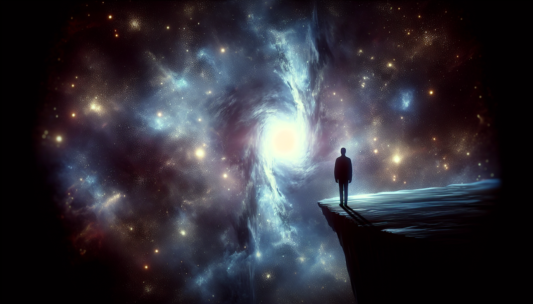 "A shadowy figure standing on the edge of an abyss, gazing into an infinite, starry void. The figure’s reflection seems to warp and distort as it faces its fear. The void is deep, mysterious, and filled with distant galaxies, representing the unknown and the journey of confronting inner demons."