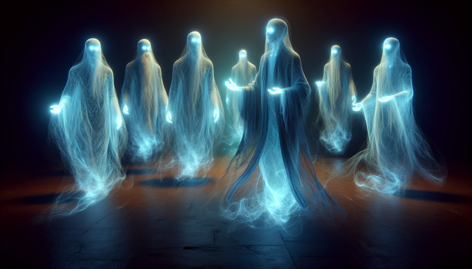 "An encounter with spirits of the Bön tradition – mystical, ethereal beings that exist in the transition between life and death. These spirits are cloaked in flowing robes made of energy, their faces hidden but their eyes glowing with ancient wisdom. The scene is dark, yet filled with sacred energy."