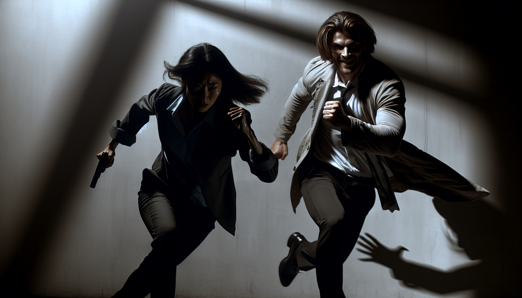 Prompt: The antagonist leaps out from the shadows, attacking the character with a wicked grin. The lighting is dramatic, casting long, harsh shadows. The character is in mid-motion, trying to defend themselves with a weapon, but the antagonist is too fast. The environment is chaotic and dangerous.