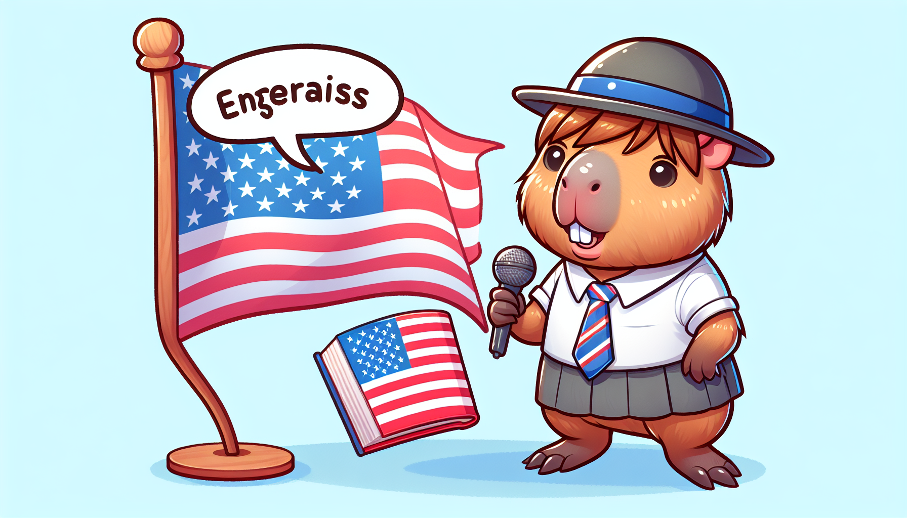 capibara en dibujo animado hablando ingles, con uniforme escolar y su bandera de estados unidos