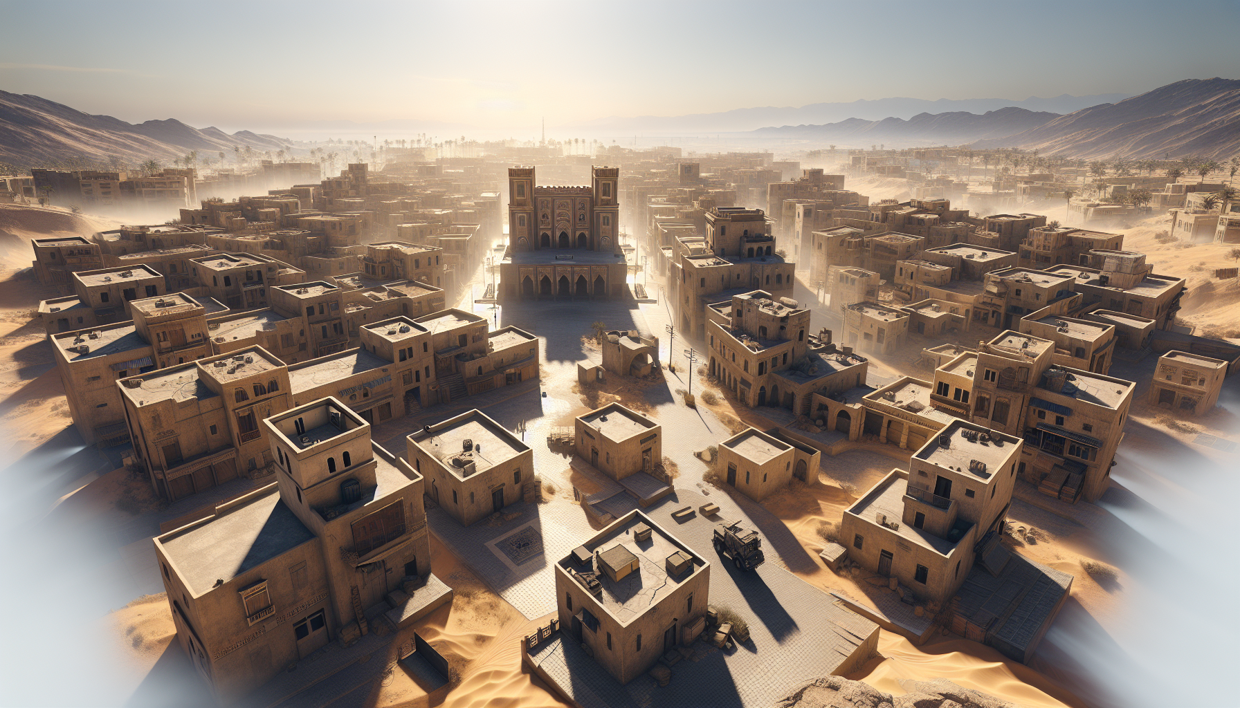 A hyper-realistic, cinematic aerial view of Dust 2 from Counter-Strike, reimagined with photorealistic graphics. The map is set in a Middle Eastern city with sandy, sunlit buildings, old stone archways, and narrow alleyways. The layout is clearly visible, showing the main pathways, bomb sites, and spawn points. The city is surrounded by desert landscapes, with distant mountains and a hazy sky in the background. The textures are detailed, featuring cracked concrete, worn-out posters on walls, and realistic lighting that casts soft shadows over the terrain