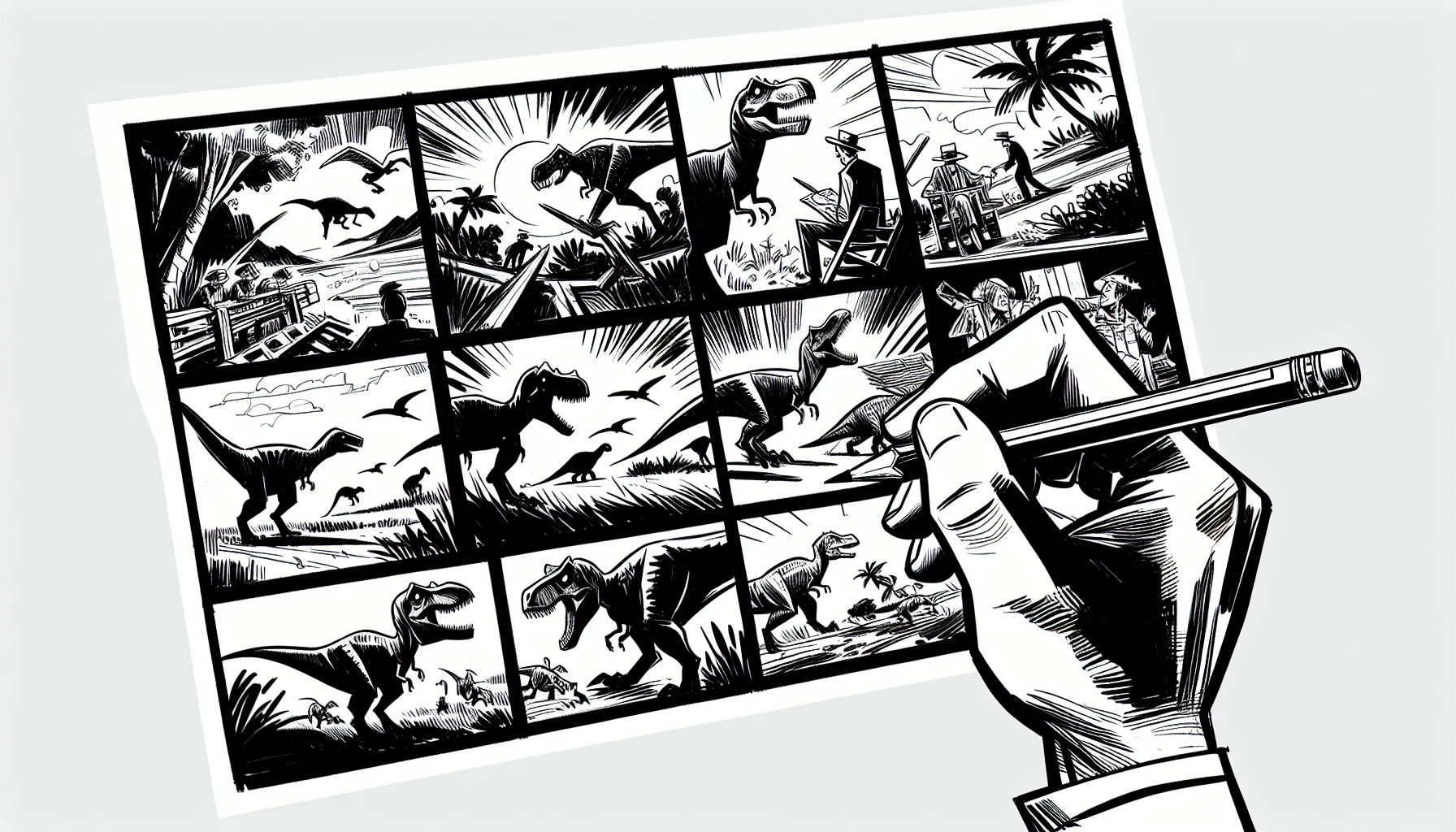 En noir et blanc façon crayonnée dessine moi une main en train de dessiner une planche de bande dessinée sur les dinosaures