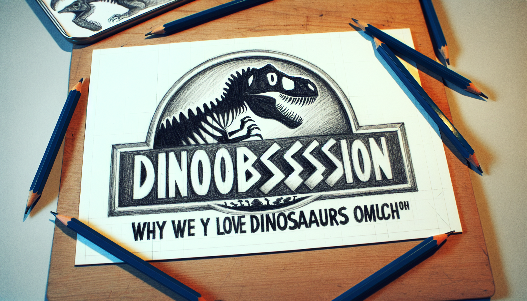 En noir et blanc façon crayonnée dessine moi un logo pour une exposition qui s'appelle Dinobsession pourquoi on aime tant les dinosaures