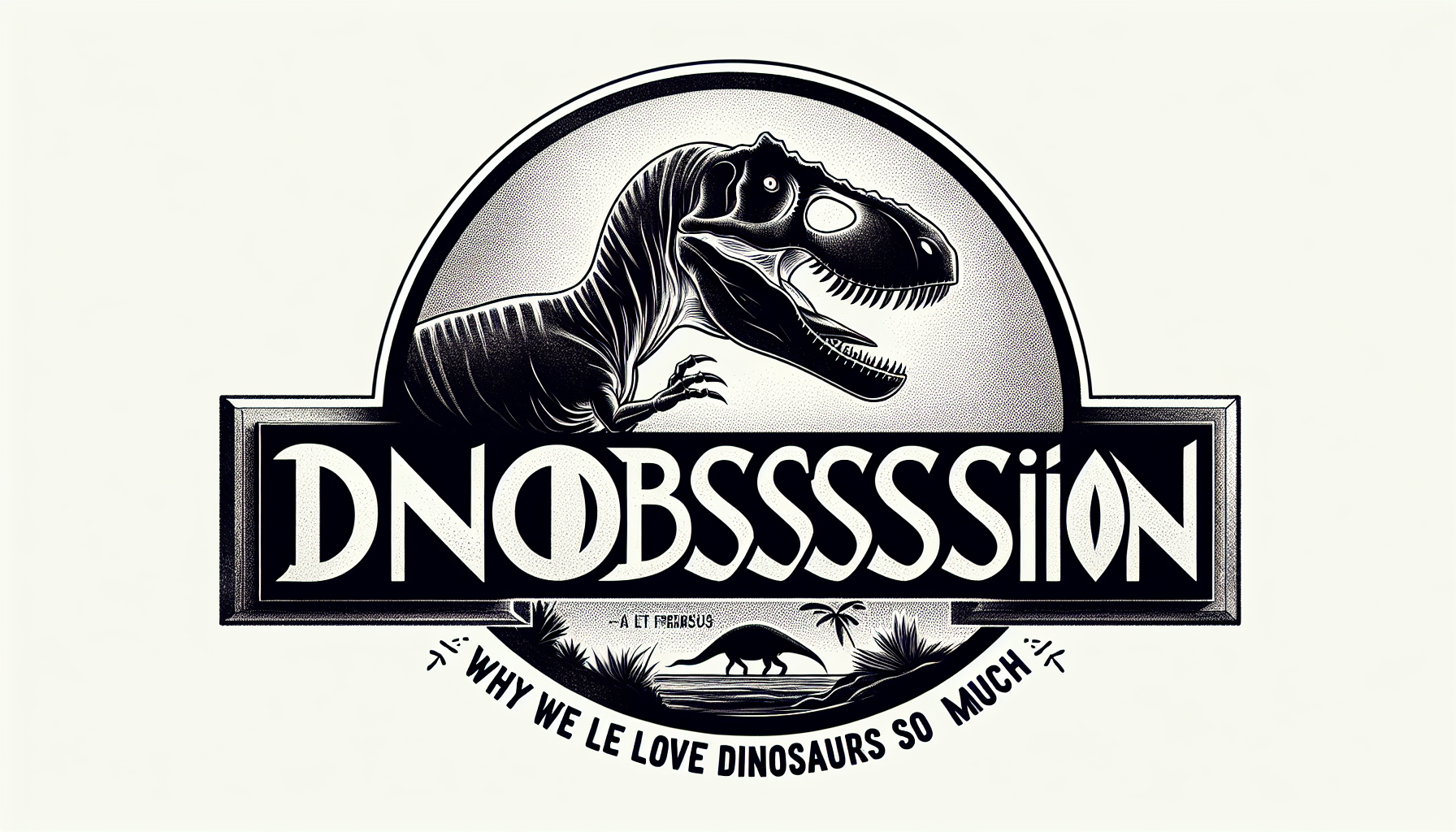En noir et blanc façon crayonnée dessine moi un logo en français pour une exposition qui s'appelle Dinobsession pourquoi on aime tant les dinosaures