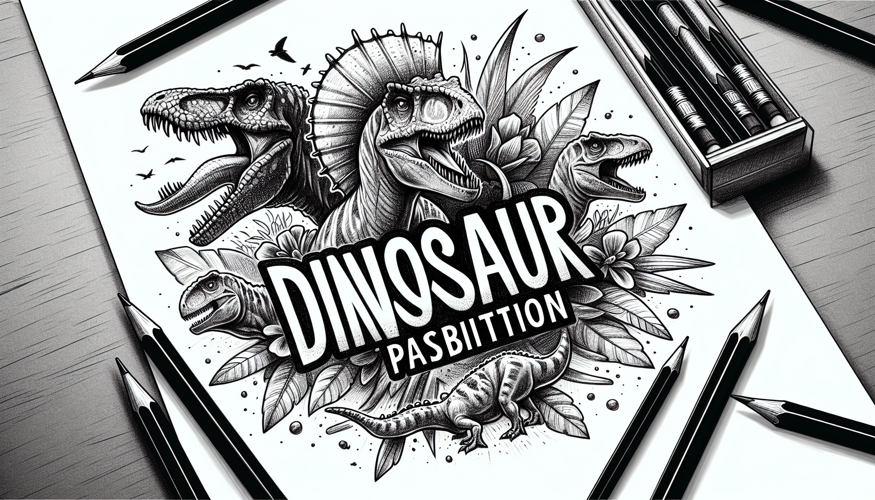 En noir et blanc façon crayonnée dessine moi un logo pour une exposition sur la passion des dinosaures