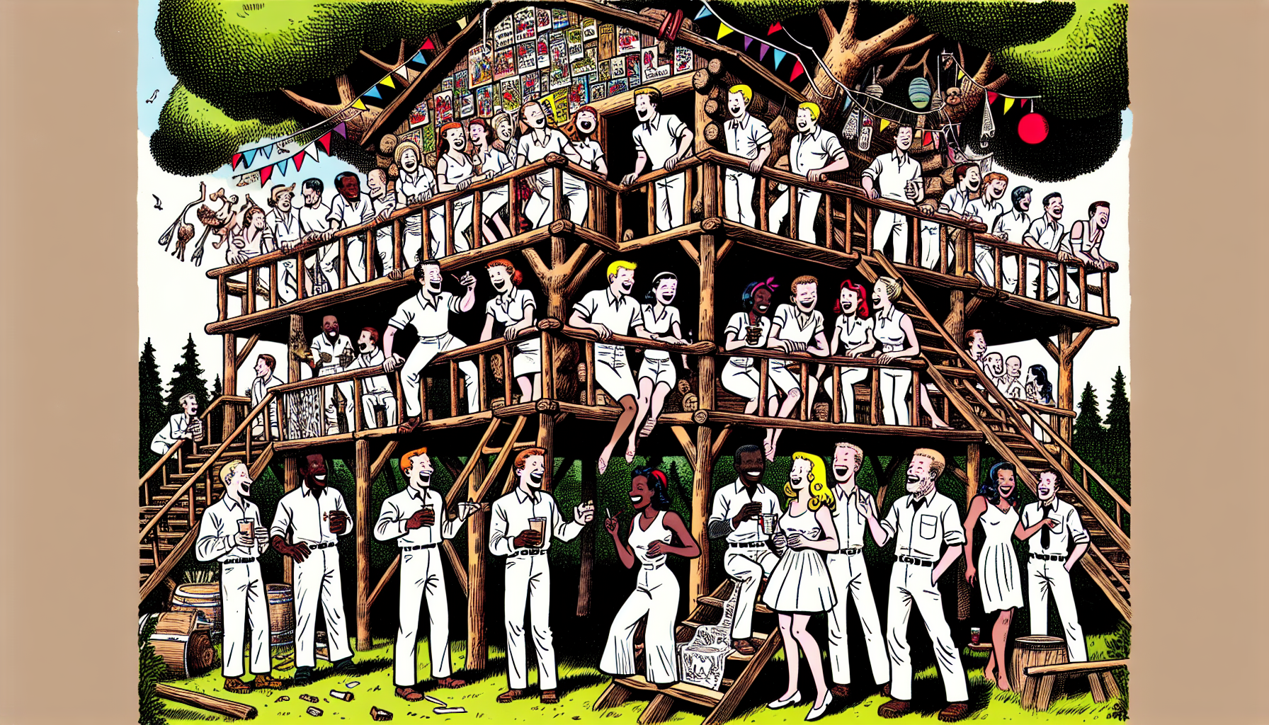 fiestas en una casa de arbol con personas con remeras blancas estilo , 