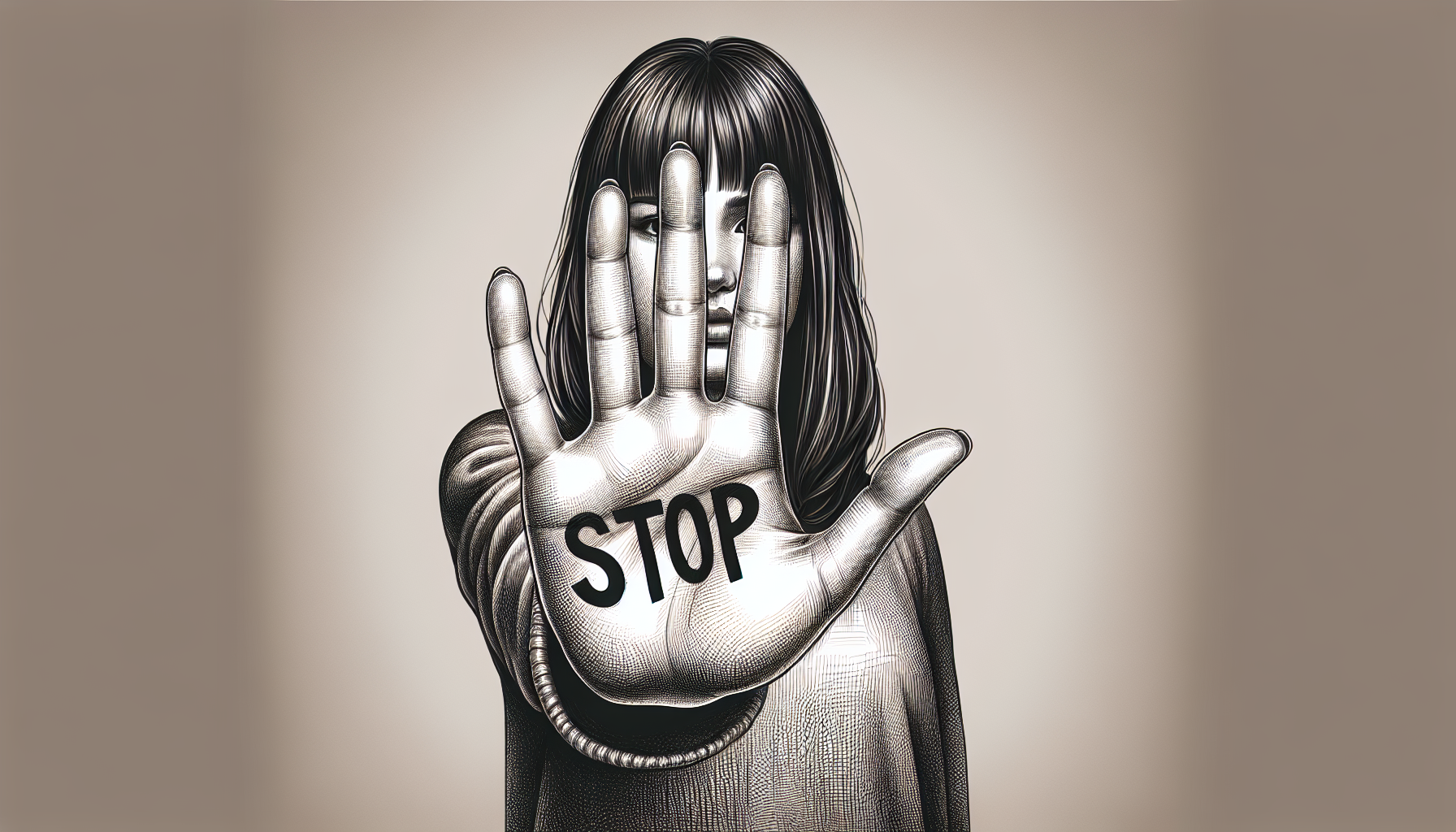 Fille qui dit stop  au sexisme avec sa main en avant où est écrit "STOP"