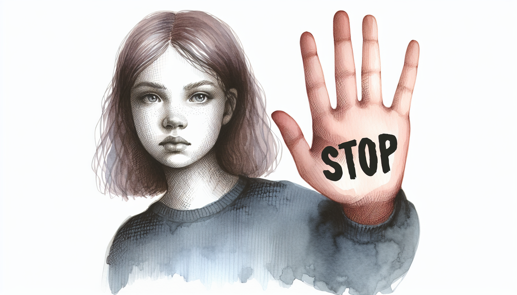Fille qui dit stop au sexisme avec sa main où est écrit stop