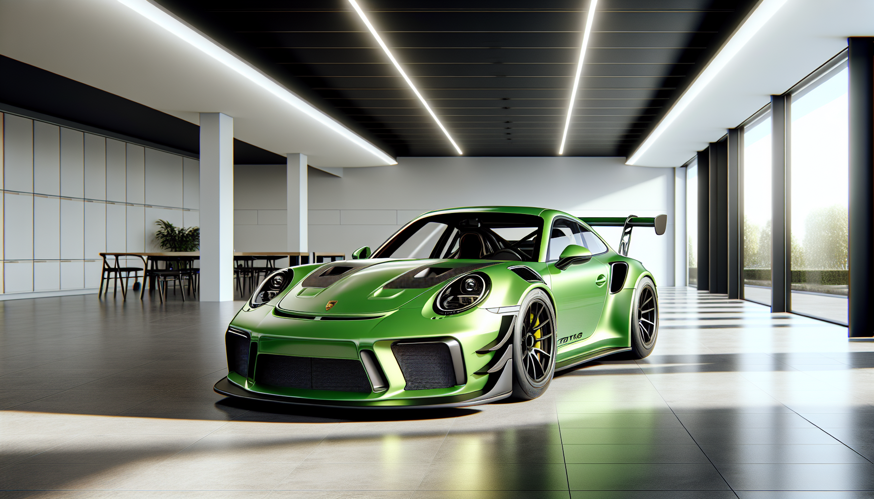 A bright green Porsche 911 GT3 RS sports car with a large rear wing and aggressive aerodynamic styling, parked in a modern showroom with white walls and a black ceiling