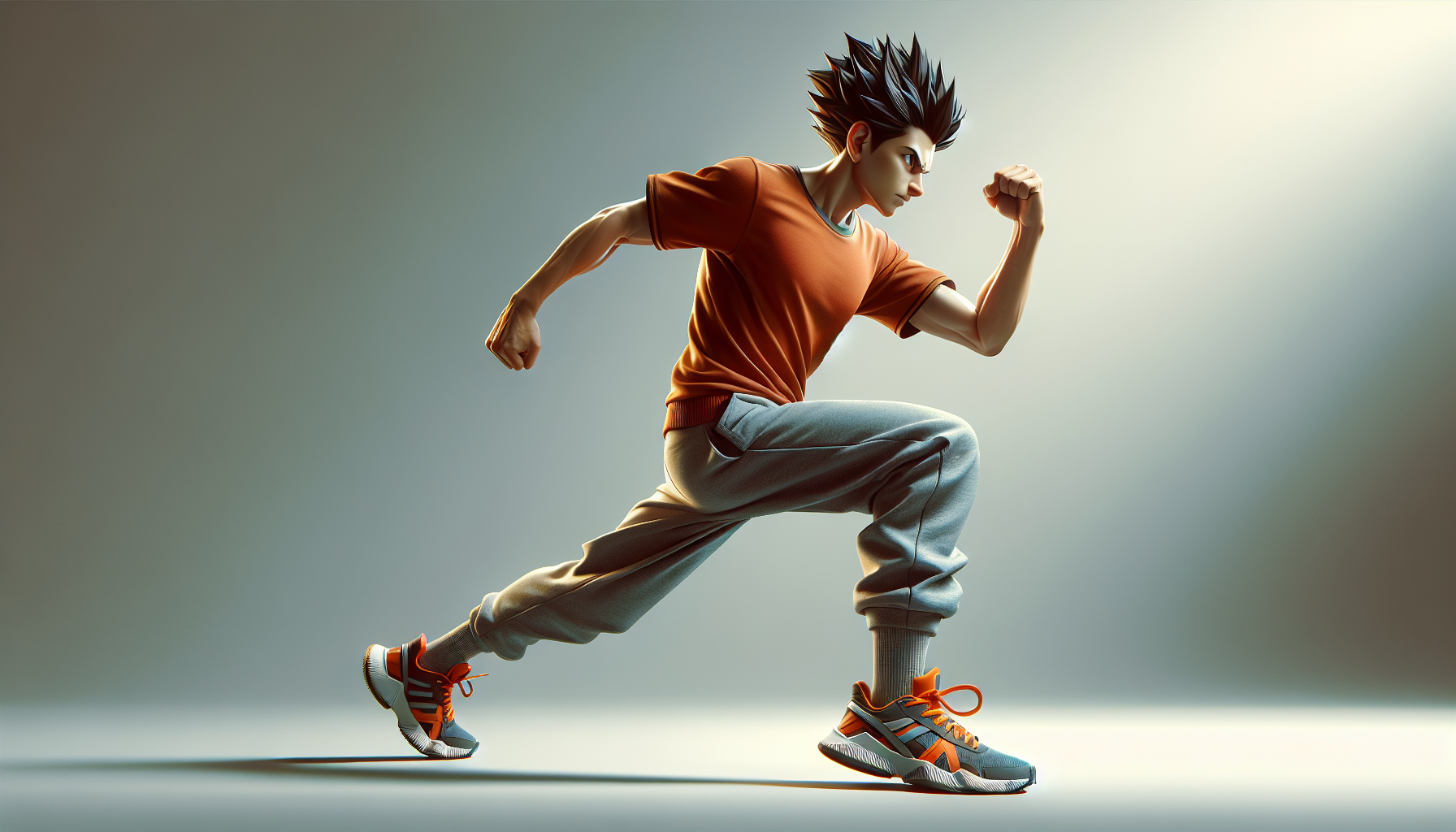 A spiky-haired protagonist, exuding confidence and determination, walks forward with a purposeful stride. He has a serious look on his face, embodying strength and resilience. Dressed in an orange T-shirt and gray jogger-style pants with matching orange sneakers, the character's outfit accentuates his modern and heroic persona. The background is minimal, drawing attention to the character as he strides confidently toward an unseen goal. Dynamic lighting highlights his sharp features and focused expression