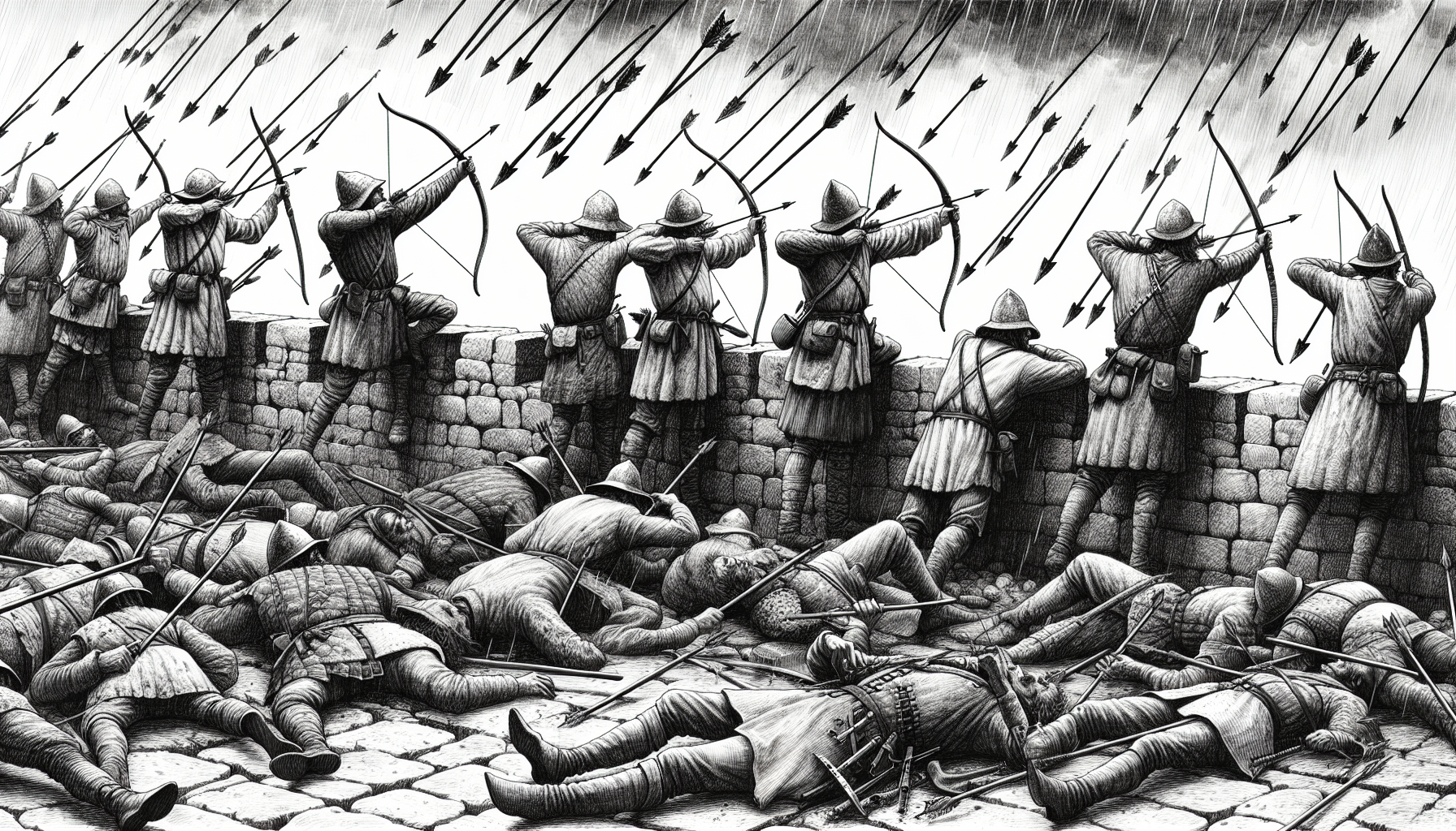 A sketch of medieveal archers on top of a fort wall. They should be shooting their arrows. Some of them should be dying. It should be a black and white sketch