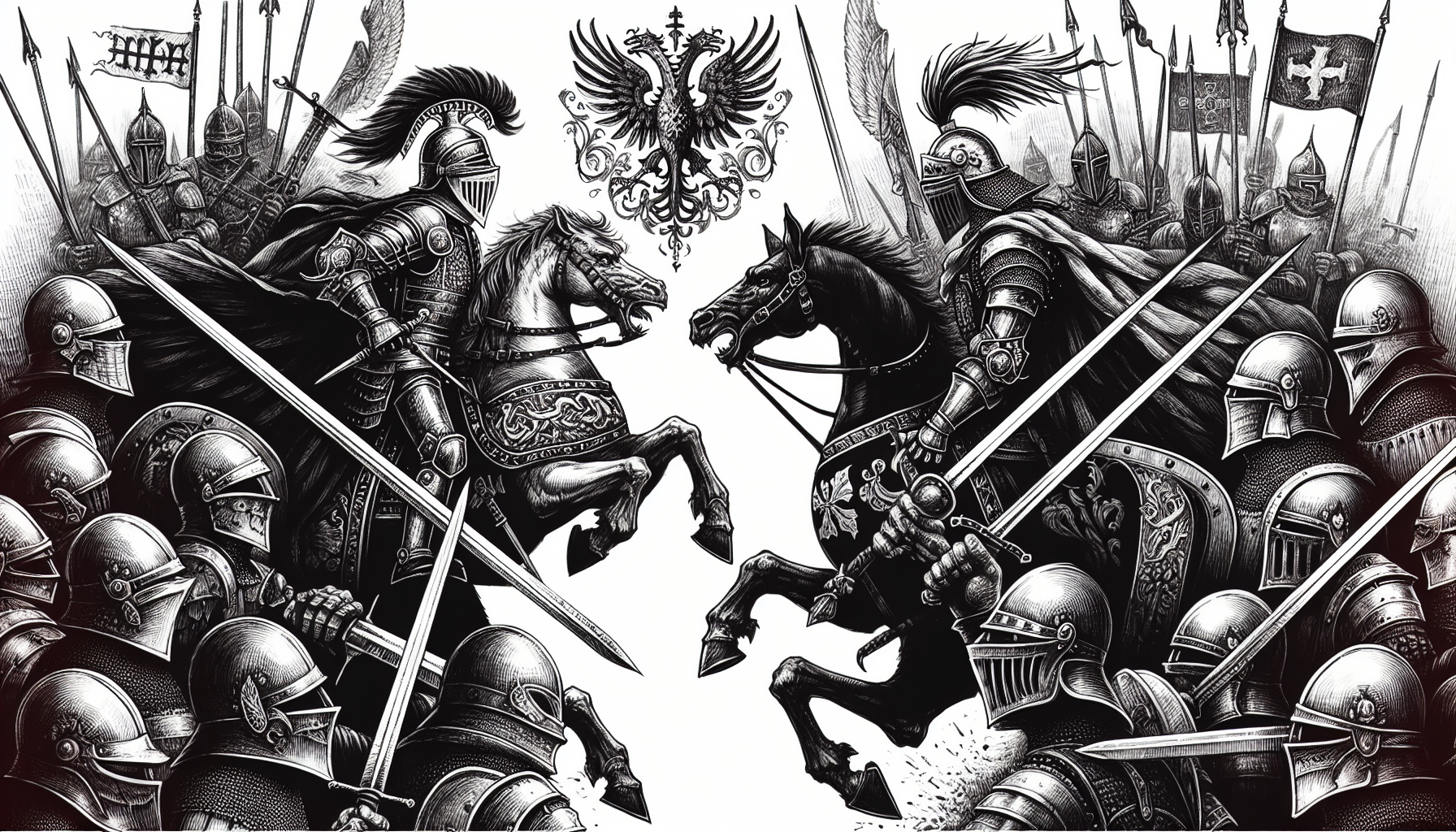 A black and white sketch of a medieval battle. One team should have dragons on their armor. The other should have griffins. Their should be blood and swords