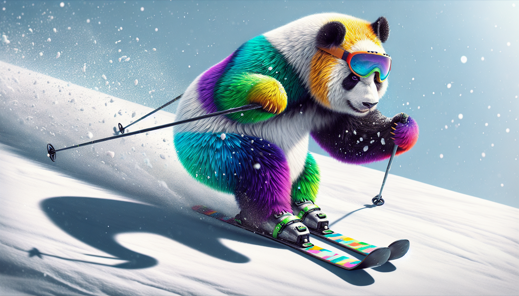 Panda multicolor esquiando en la nieve