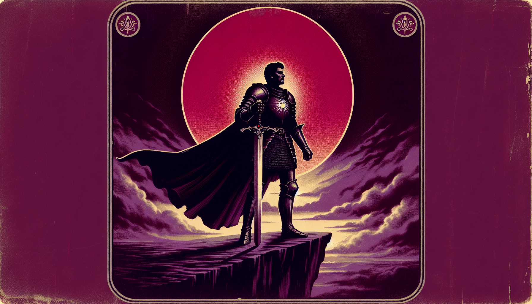  A vintage tarot card depicting a knight in black armor stands on the edge of an abyss, holding his sword high above him. The background is a dark purple with a glowing red sun behind it. 80s dark fantasy::2, in style of lithography