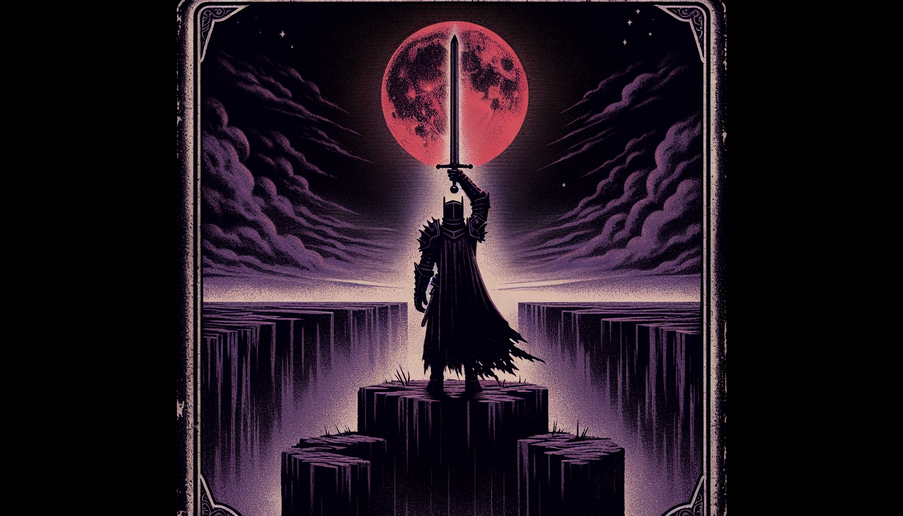  Dark fantasy,epic,cinematic,A vintage tarot card depicting a knight in black armor stands on the edge of an abyss, holding his sword high above him. The background is a dark purple with a glowing red sun behind it. 80s dark fantasy::2, in style of lithography