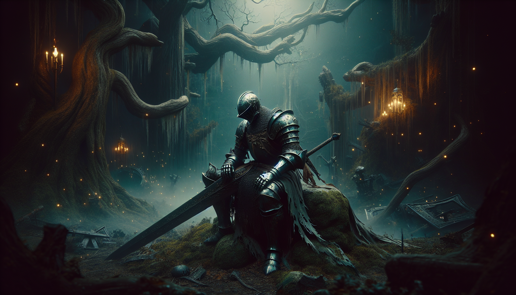 cinematic, portrait sized 832x1216,full-armored knight resting after battle, seated on a moss-covered stone, massive greatsword leaning against his shoulder, battle-worn plate armor, tattered cape draped over, bioluminescent plants emitting soft ethereal glow, faint moonlight filtering through twisted ancient trees, eerie mist swirling around the ground, glowing fireflies drifting in the air, ruins of a forgotten kingdom in the background, distant floating lanterns casting warm golden light, dark-fantasy atmosphere, melancholic yet peaceful mood